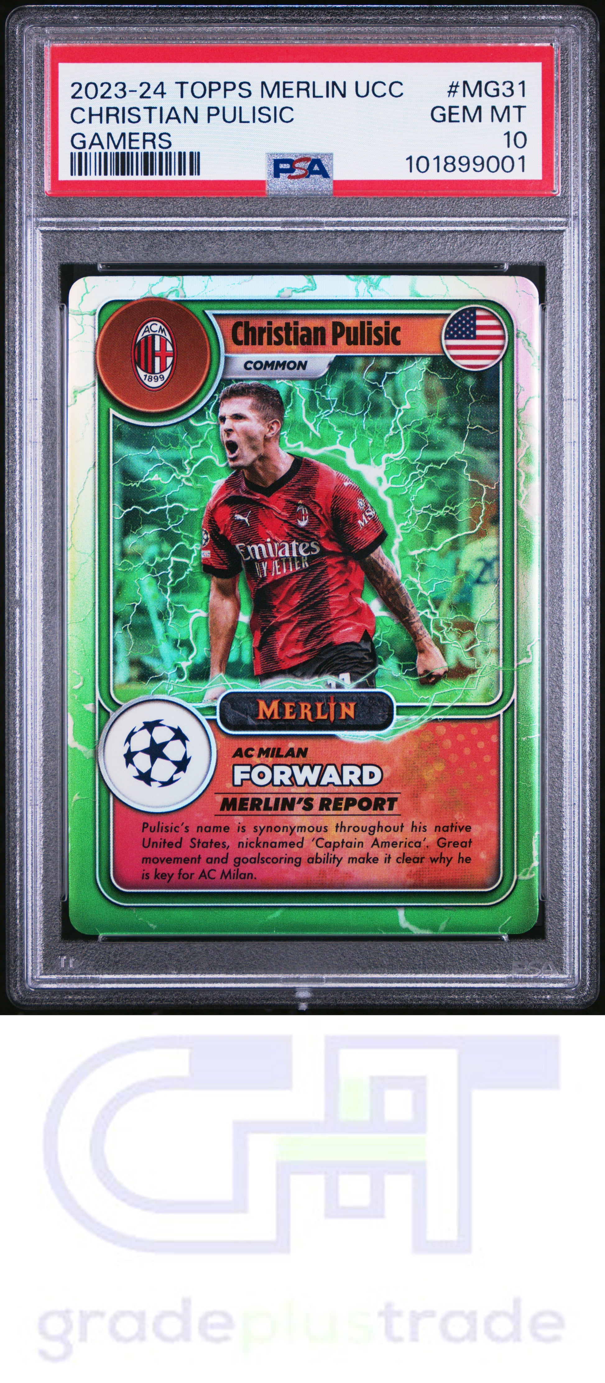 2023-24 Topps Merlin Uefa Club Comp. Merlin's Gamers Christian Pulisic PSA 10