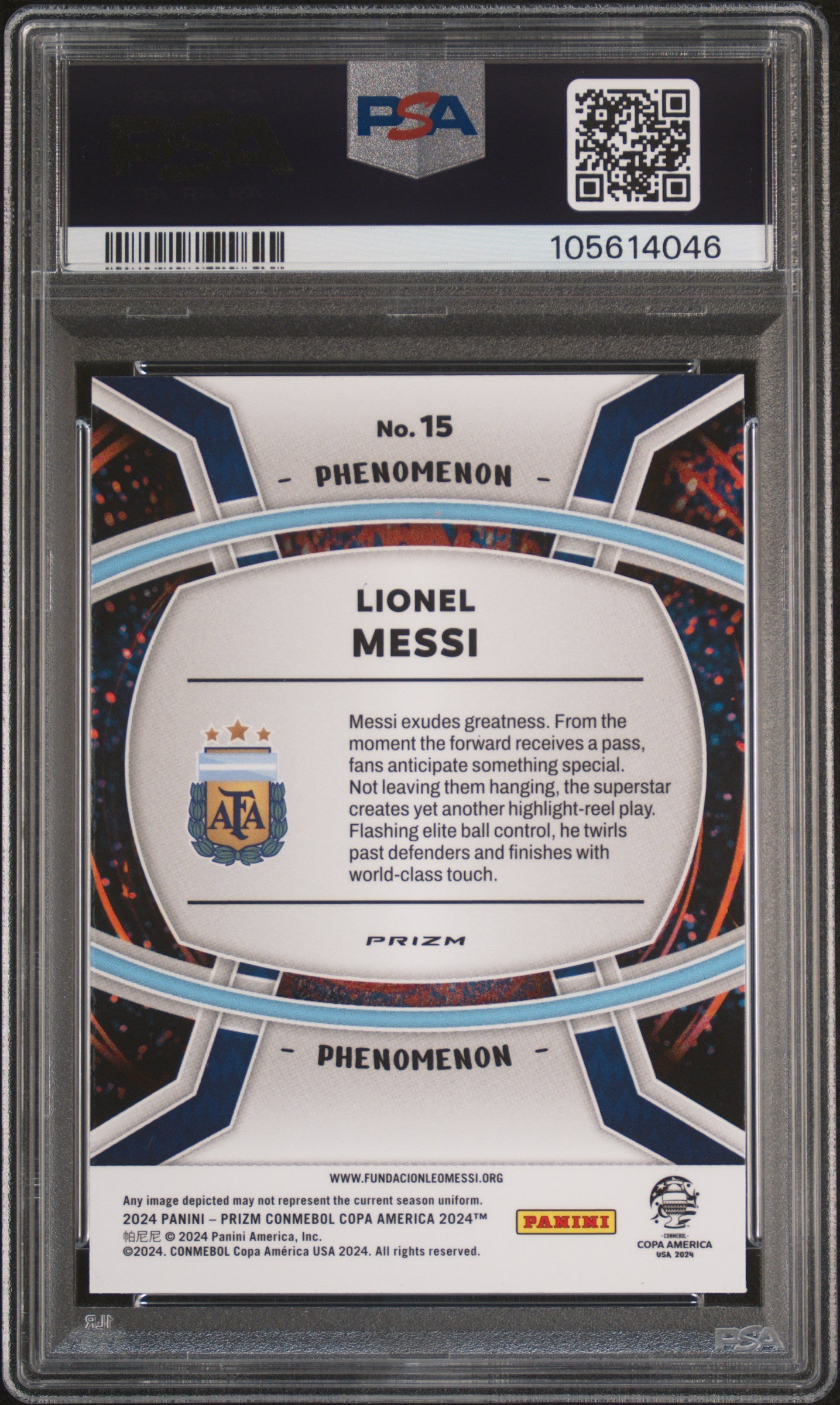 2024 Panini Prizm Conmebol Copa Phenomenon #15 Lionel Messi Silver PSA 10