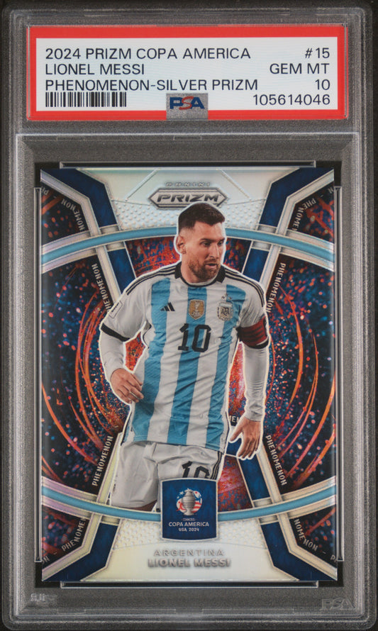 2024 Panini Prizm Conmebol Copa Phenomenon #15 Lionel Messi Silver PSA 10