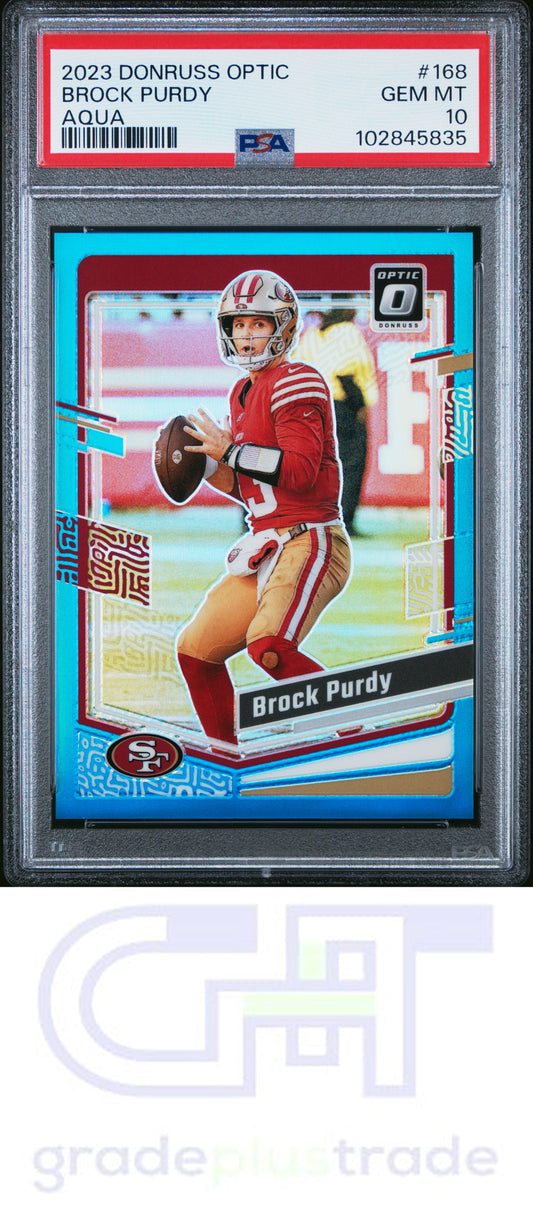 2023 Panini Donruss Optic #168 Aqua #'d /299 Brock Purdy PSA 10