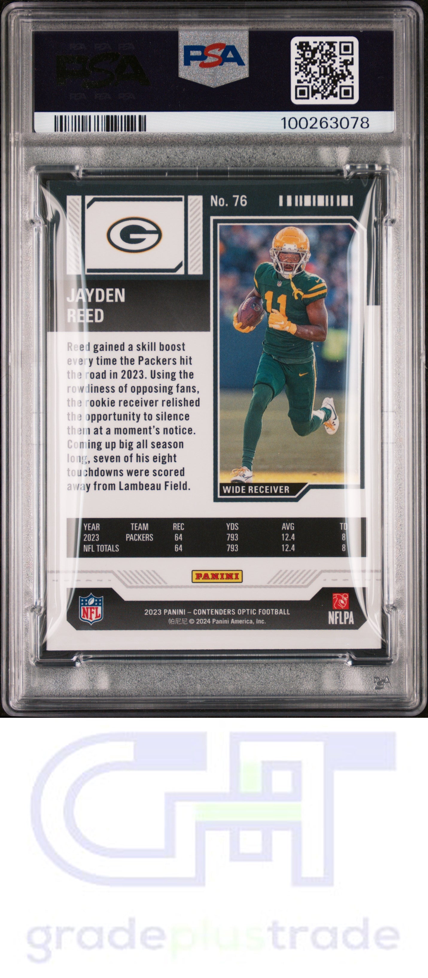 2023 Panini Contenders Optic #76 Jayden Reed RC PSA 9