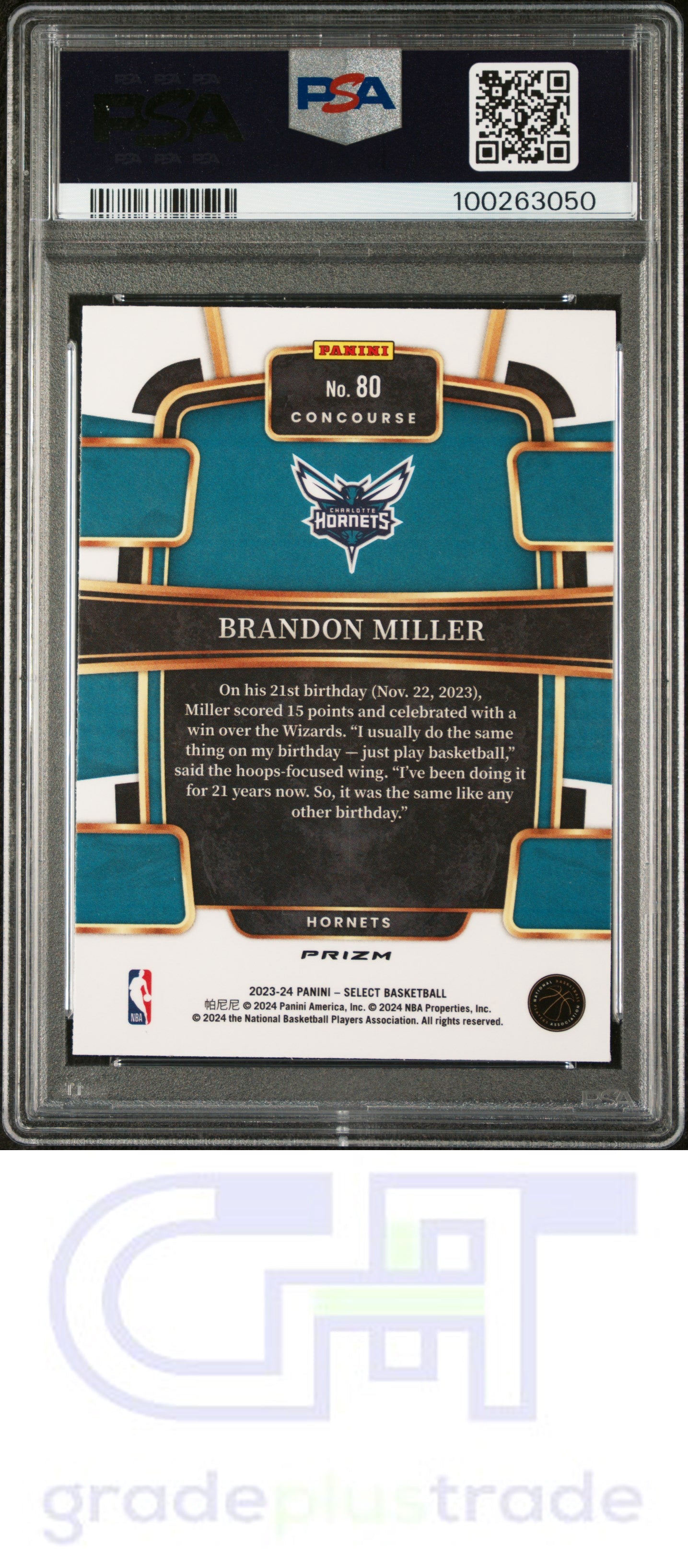 2023 Panini Select #80 Orange Flash Brandon Miller RC PSA 8