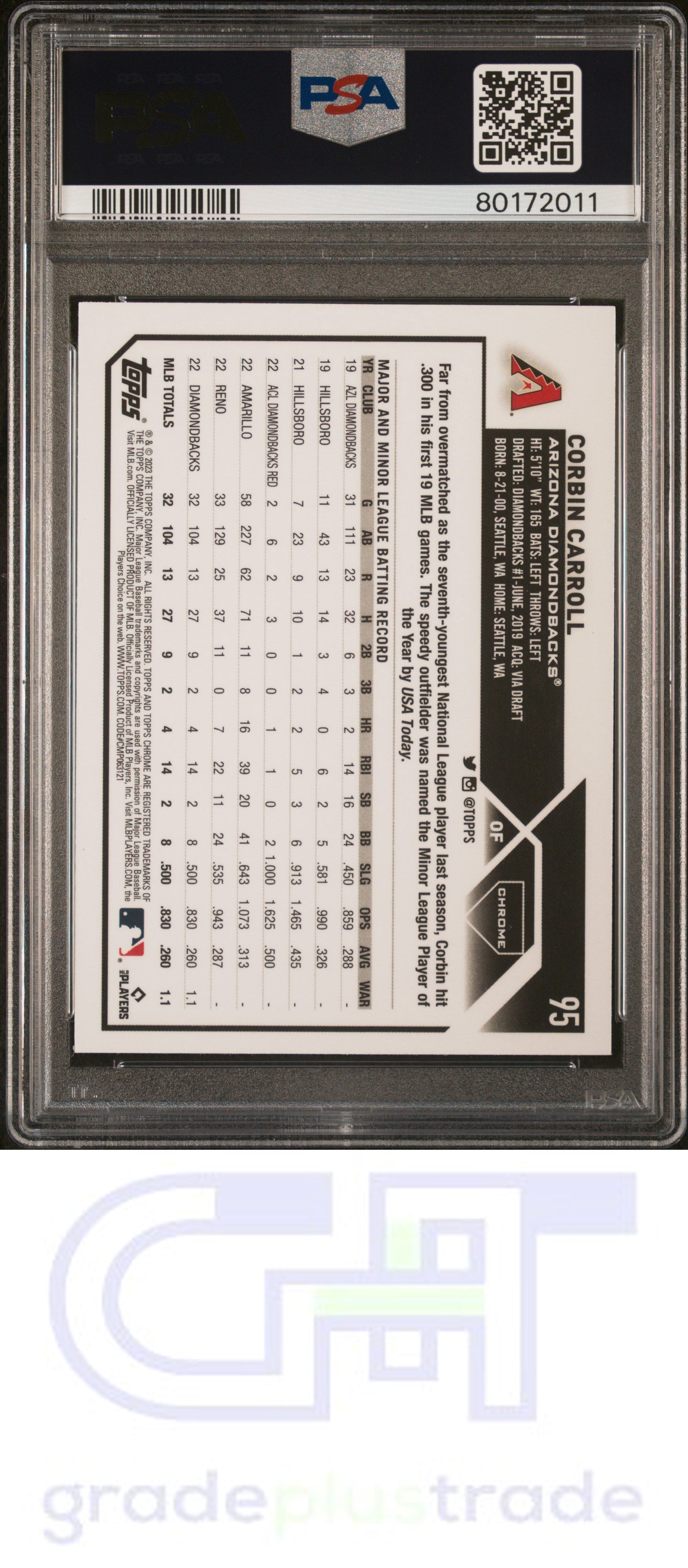 2023 Topps Chrome #95 Pink Refractor Corbin Carroll RC PSA 9