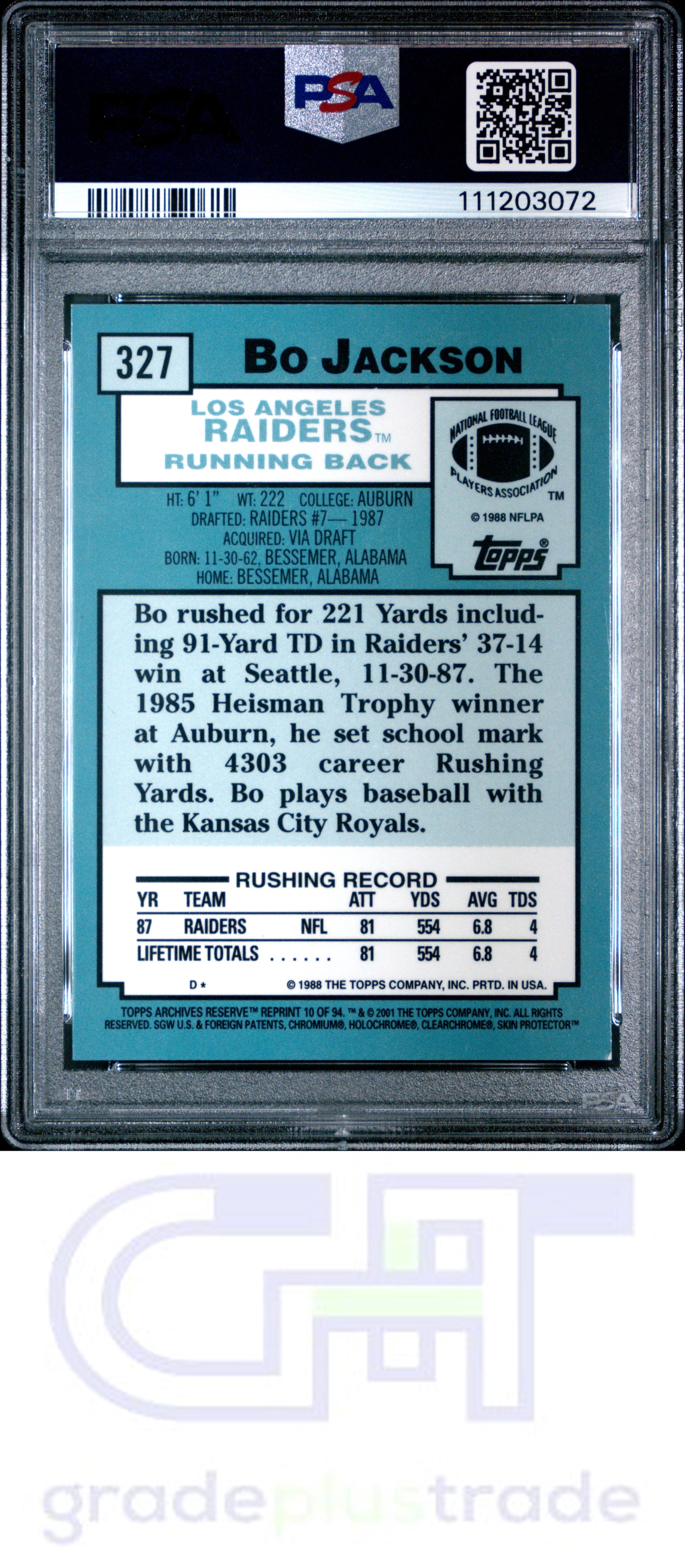 2001 Topps Archives Reserve #10 Bo Jackson PSA 7