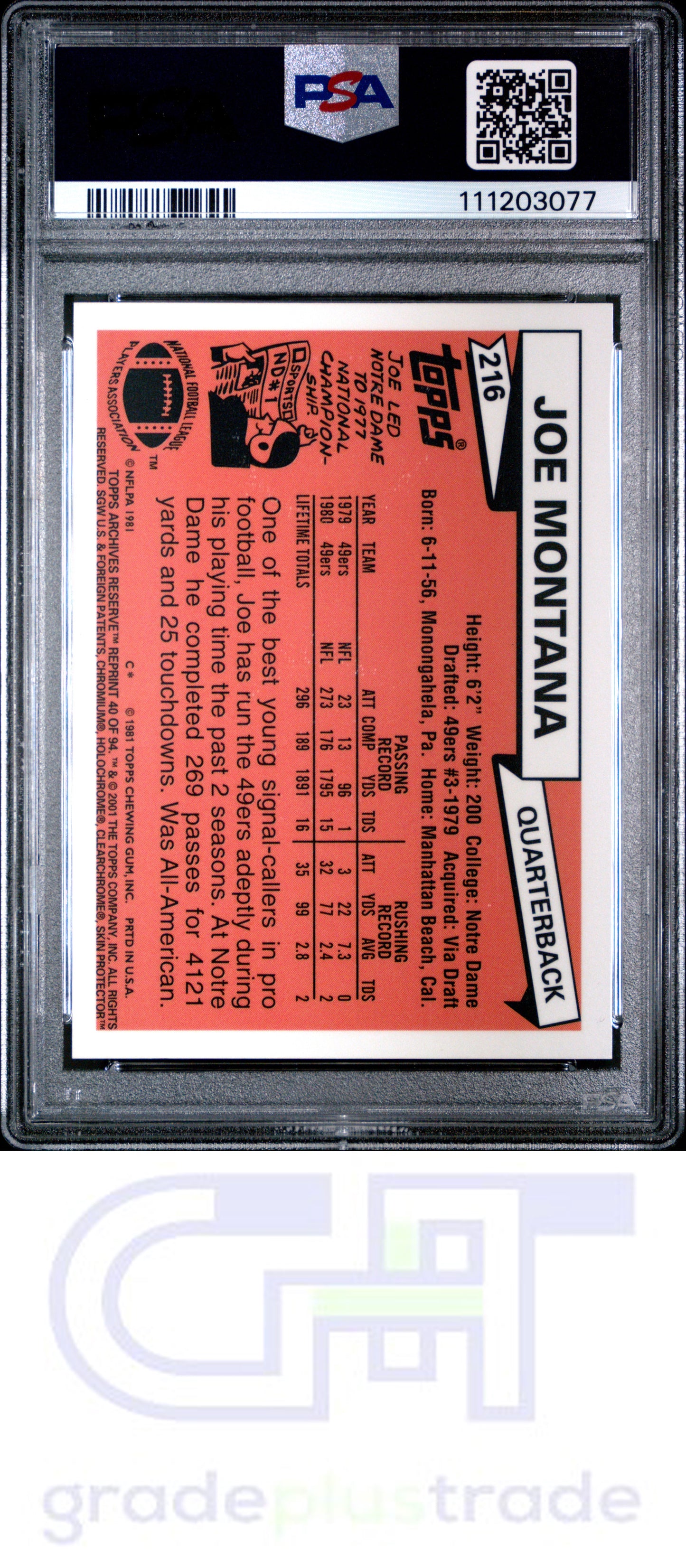 2001 Topps Archives Reserve #40 Joe Montana PSA 8