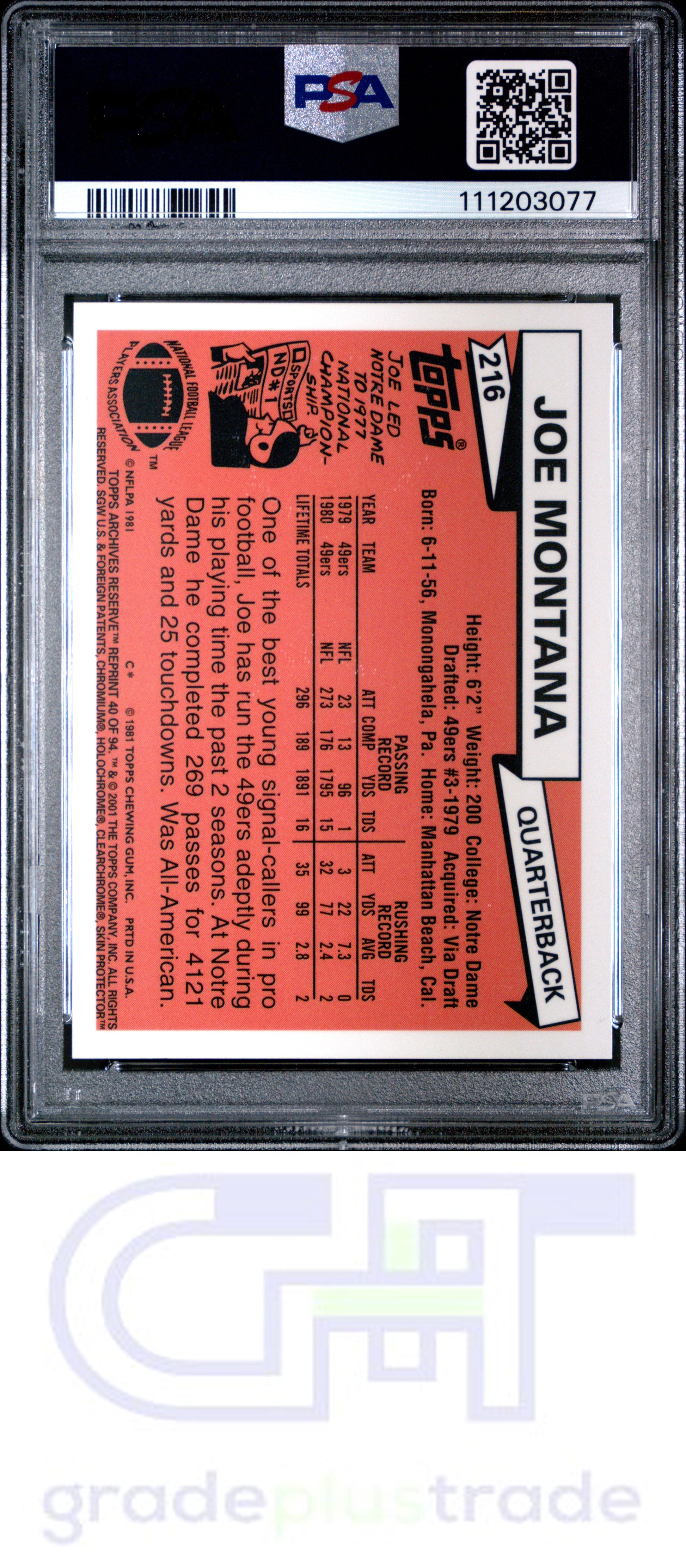2001 Topps Archives Reserve #40 Joe Montana PSA 8