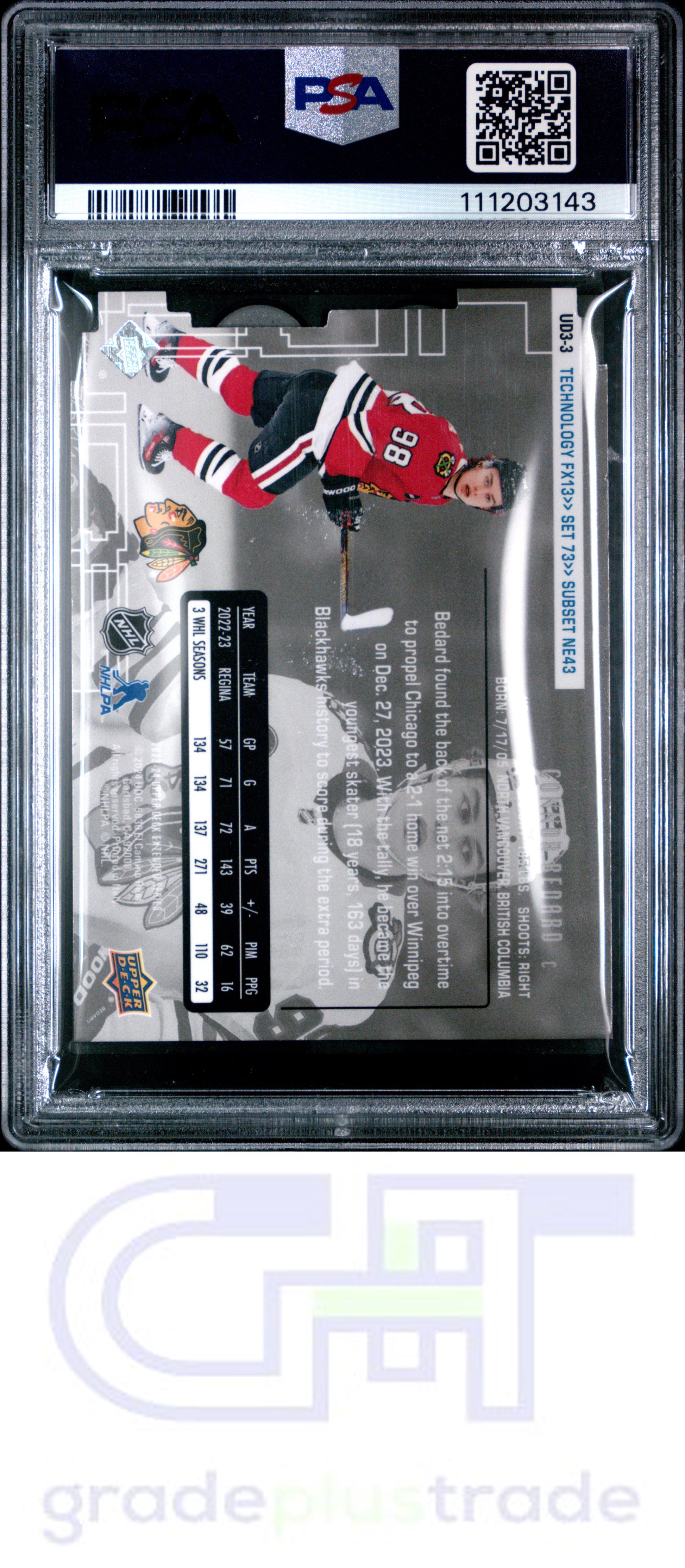 2023 Upper Deck Extended Series 1998-99 Ud3 #3 Connor Bedard RC PSA 6