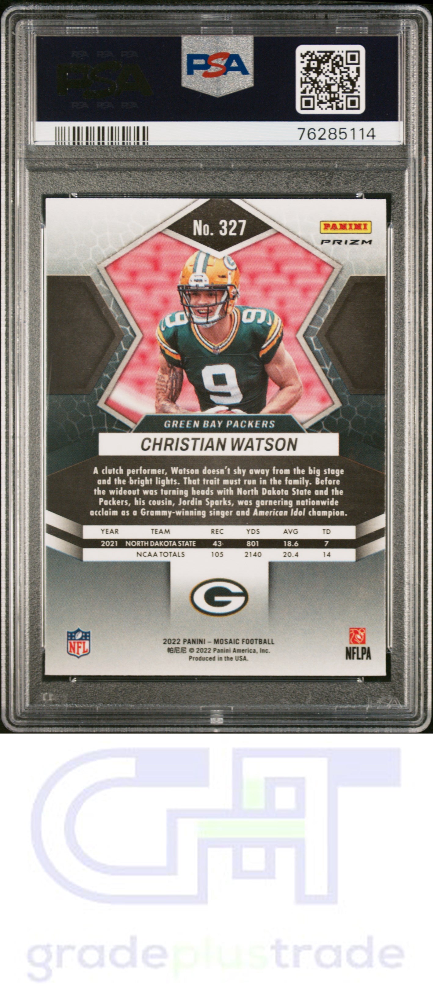 2022 Panini Mosaic #327 Green Mosaic Christian Watson RC PSA 10