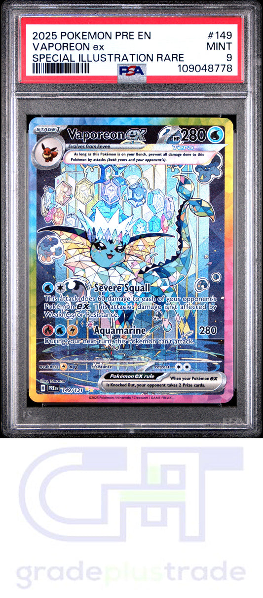2025 Pokemon Pre En-Prismatic Evolutions #149 SIR Vaporeon Ex PSA 9