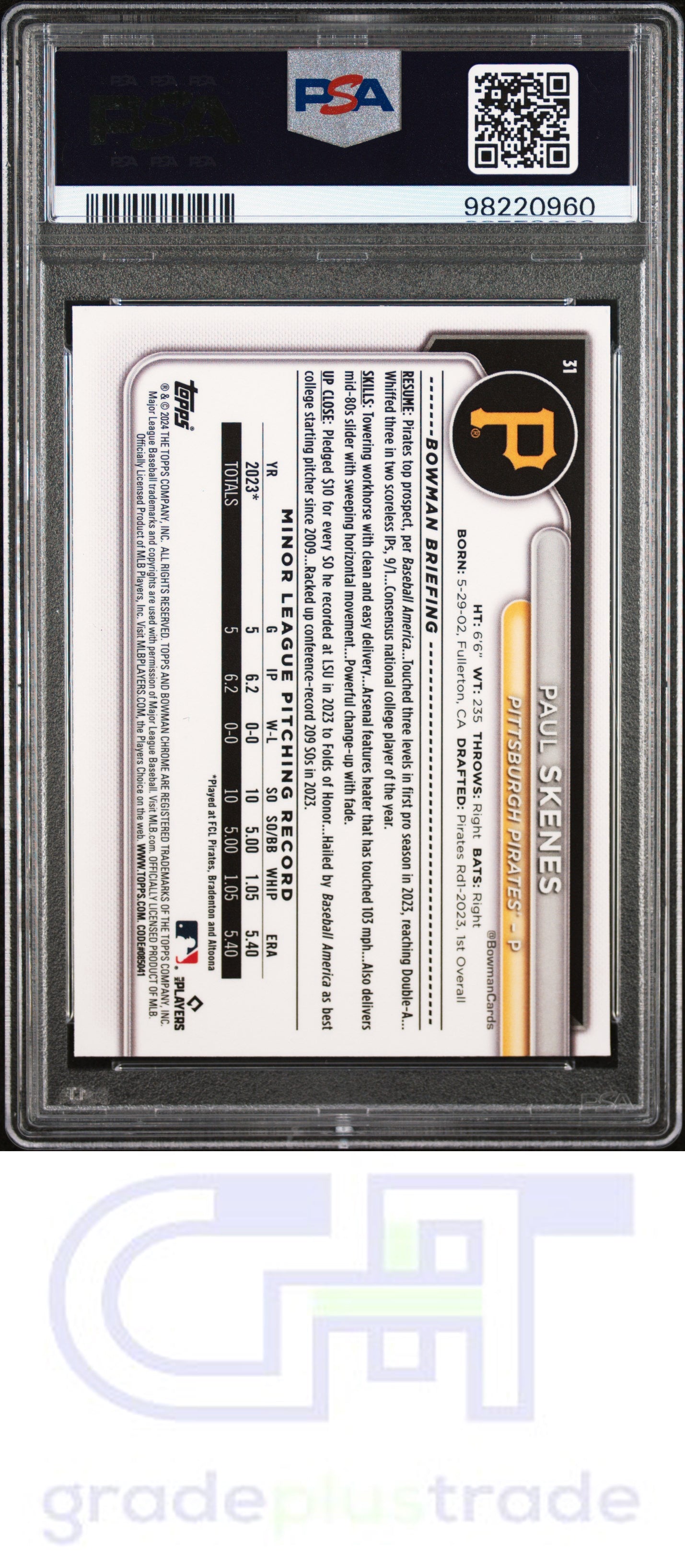 2024 Bowman Chrome #31 Paul Skenes RC PSA 10