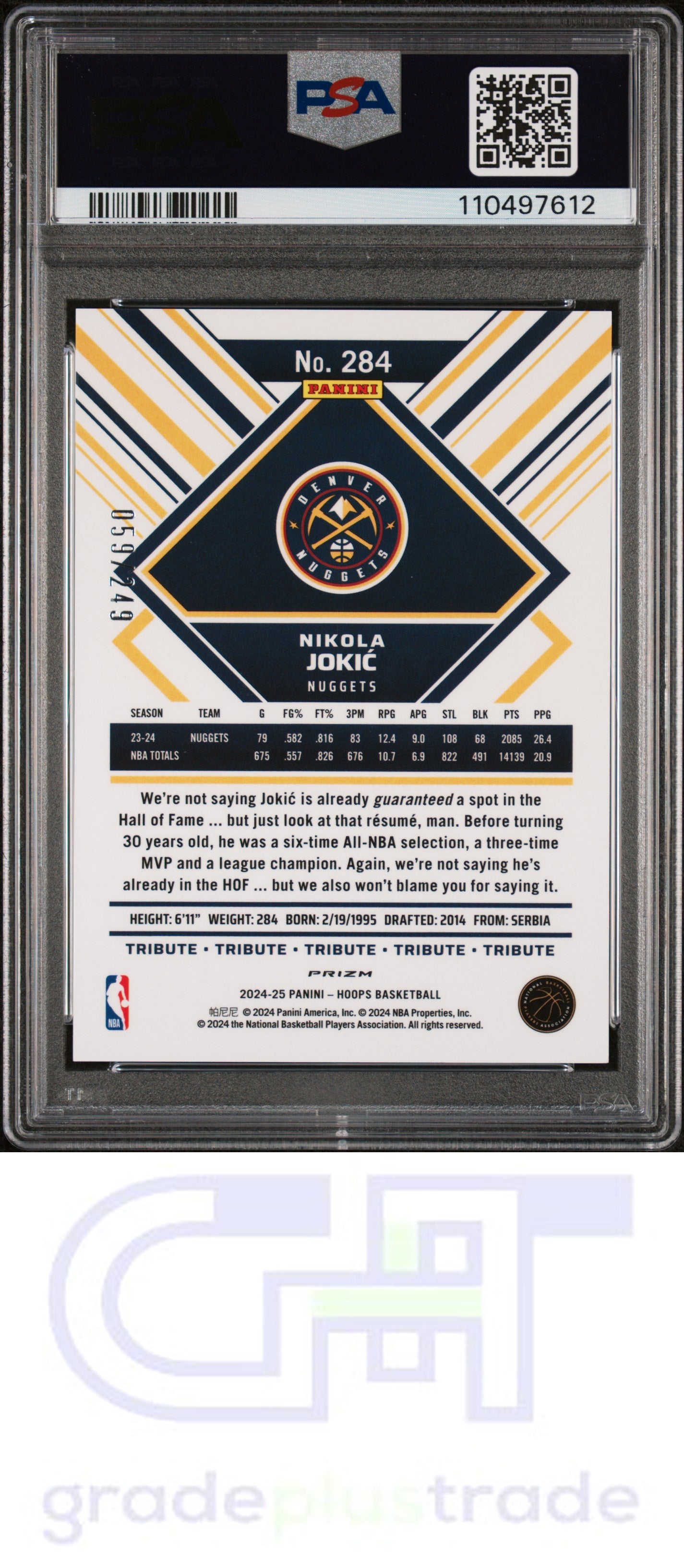 2024 Panini NBA Hoops #284 Premium Prizms Purple Nikola Jokic PSA 9