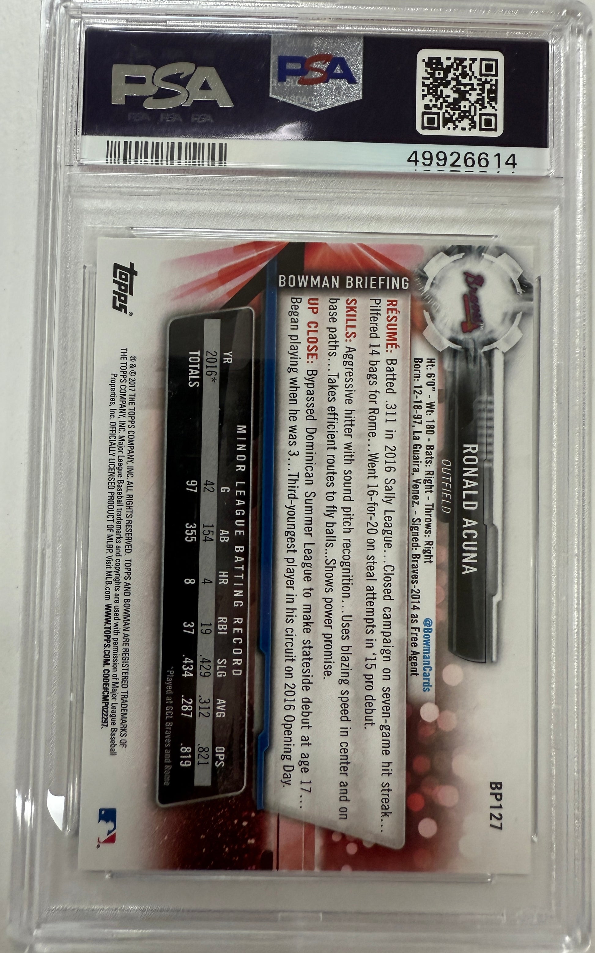 2017 Bowman Prospects #BP127 Prospects Ronald Acuna PSA 10