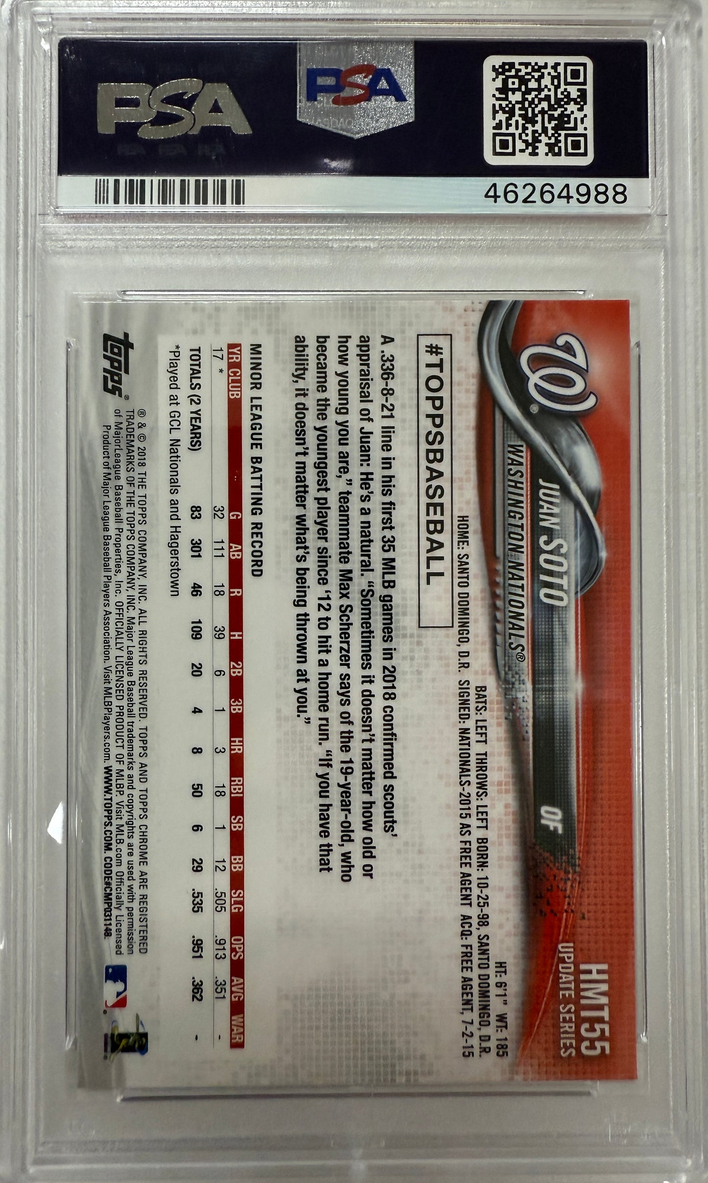 2018 Topps Chrome Update #HMT55 Update Juan Soto PSA 10