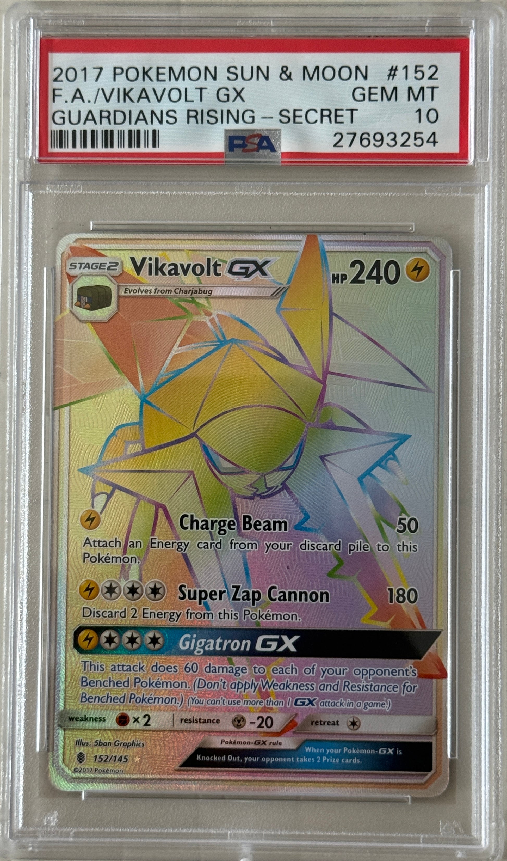 2017 Pokemon Sun & Moon Guardians Rising #152 Secret Vikavolt Gx PSA 10