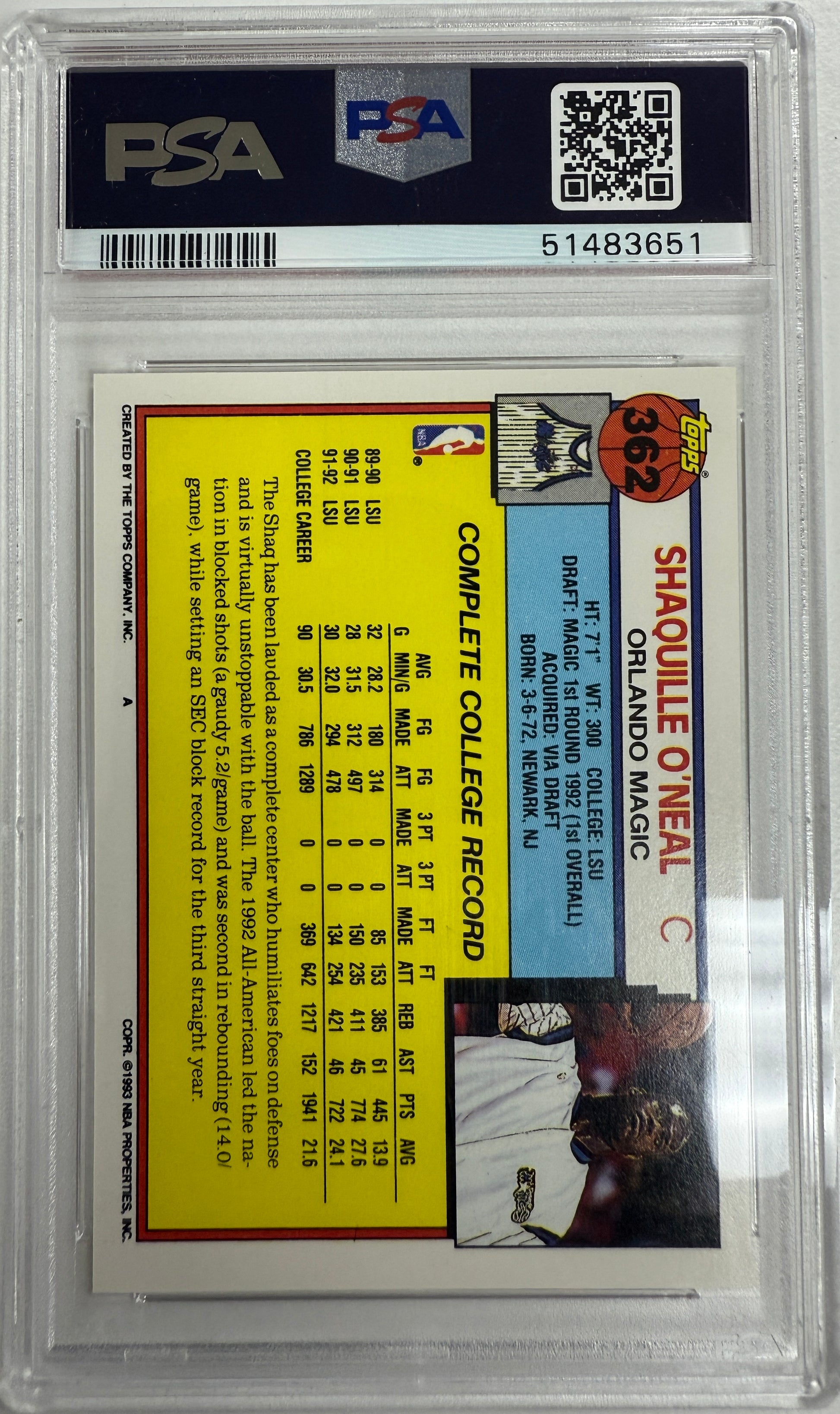 1992 Topps #362 Shaquille O'Neal PSA 9
