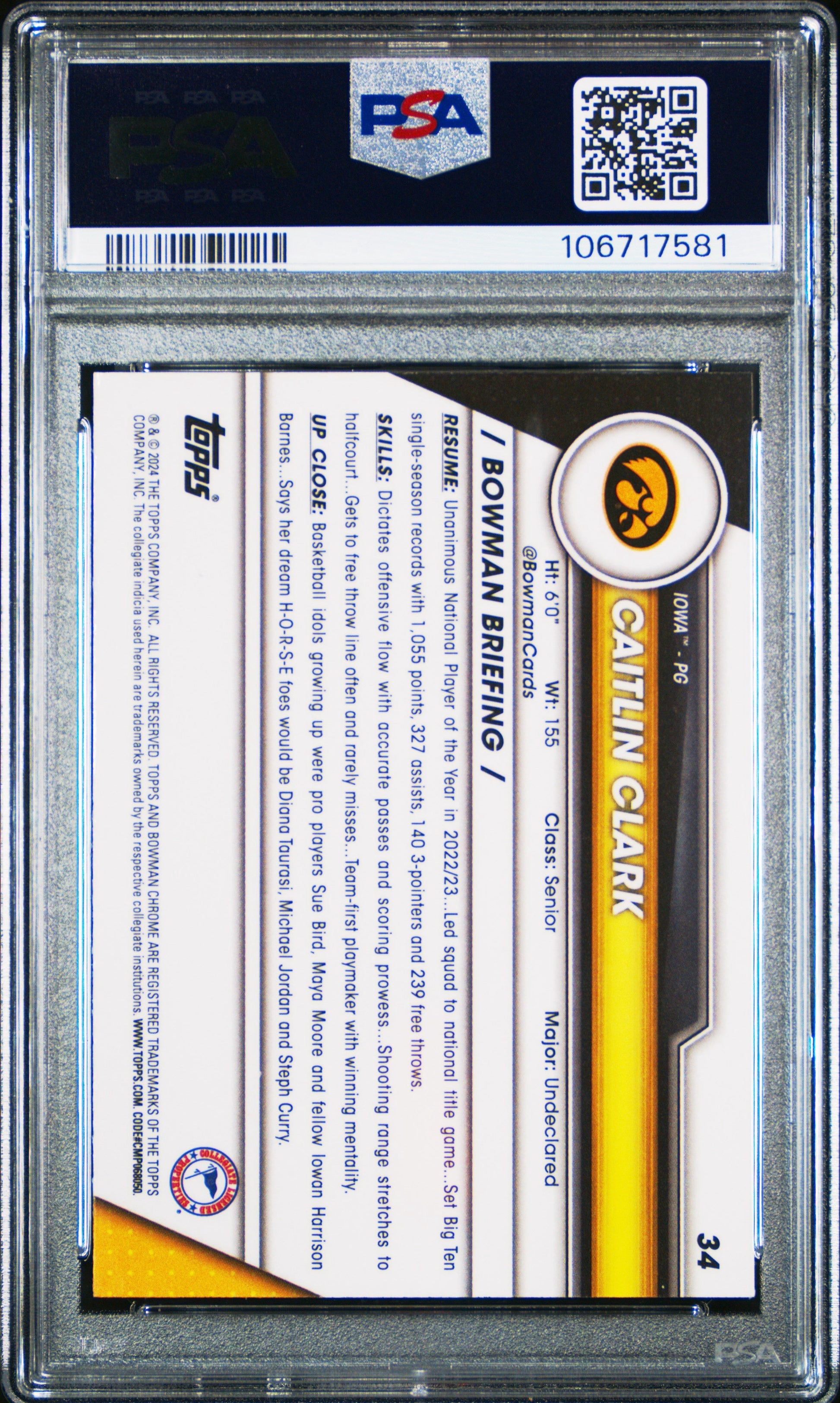 2023 Bowman University Chrome Sapphire #34 Caitlin Clark PSA 10