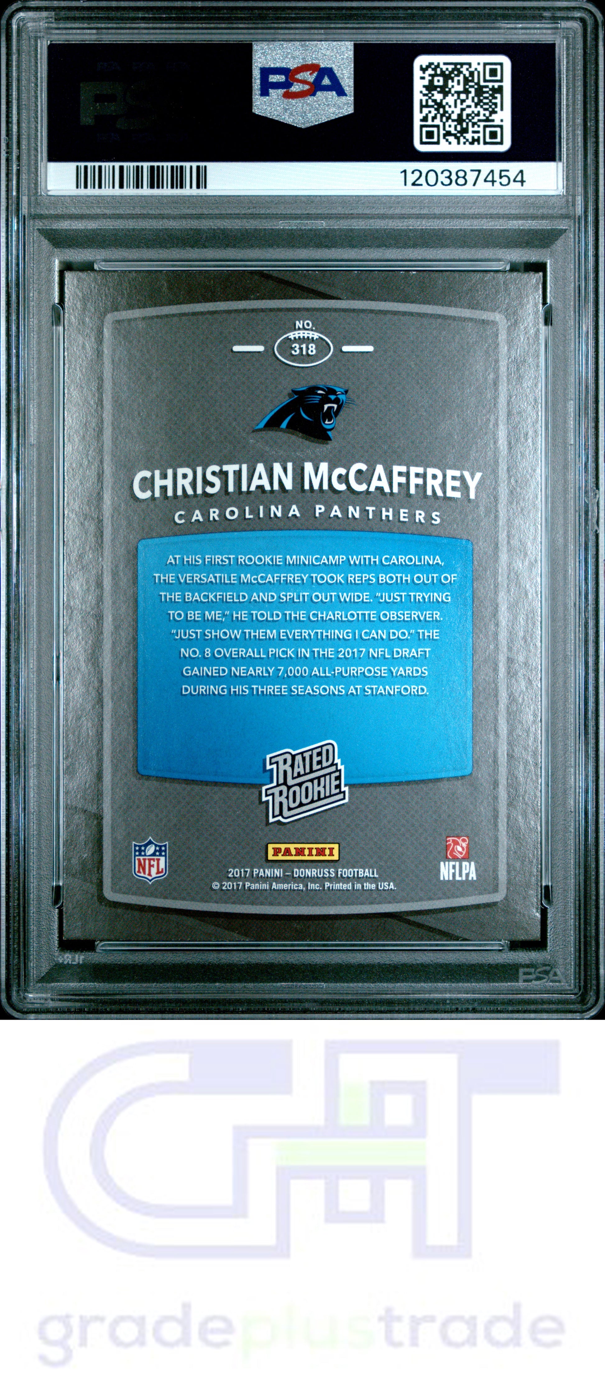 2017 Panini Donruss #318 Blue Press Proof Christian Mccaffrey RC PSA 7