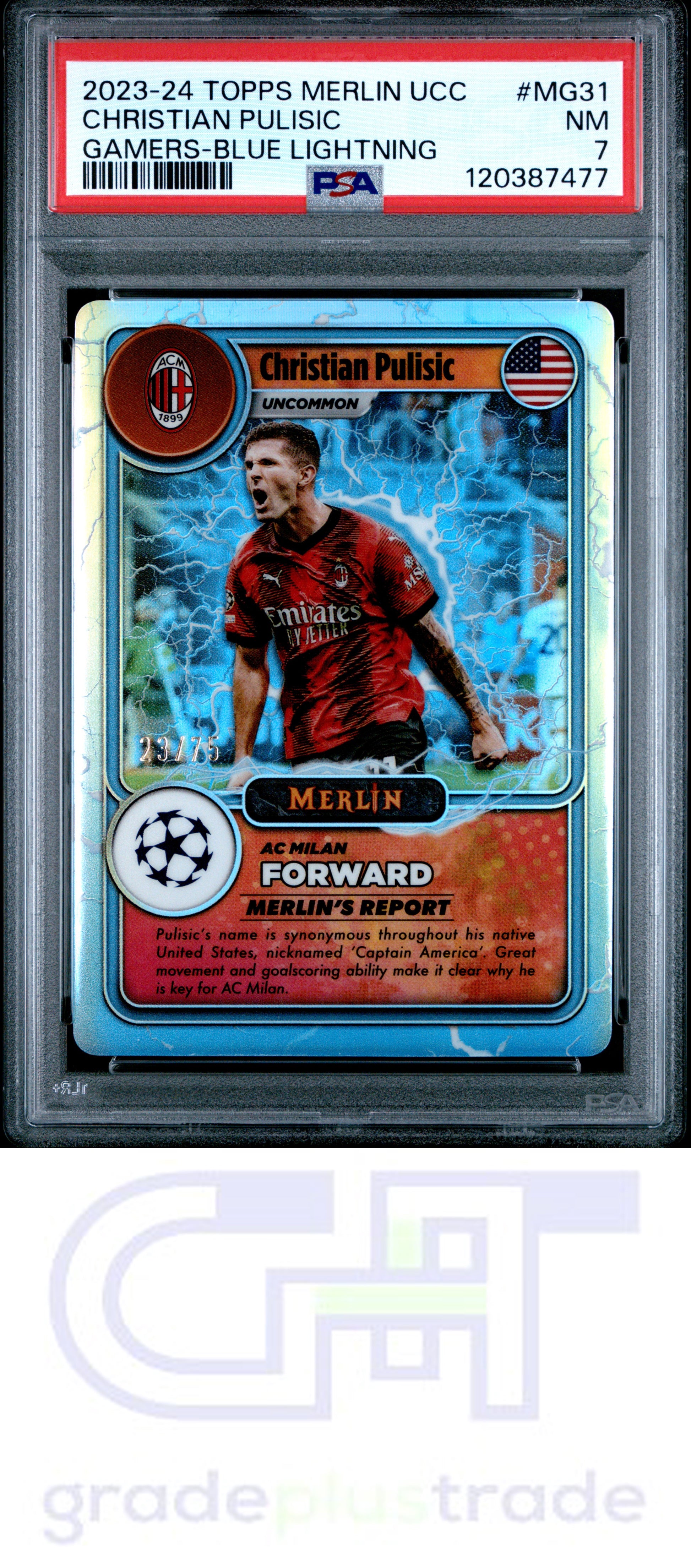 2023 Merlin UEFA Club Comp. Merlin's Gamers Blue Christian Pulisic PSA 7
