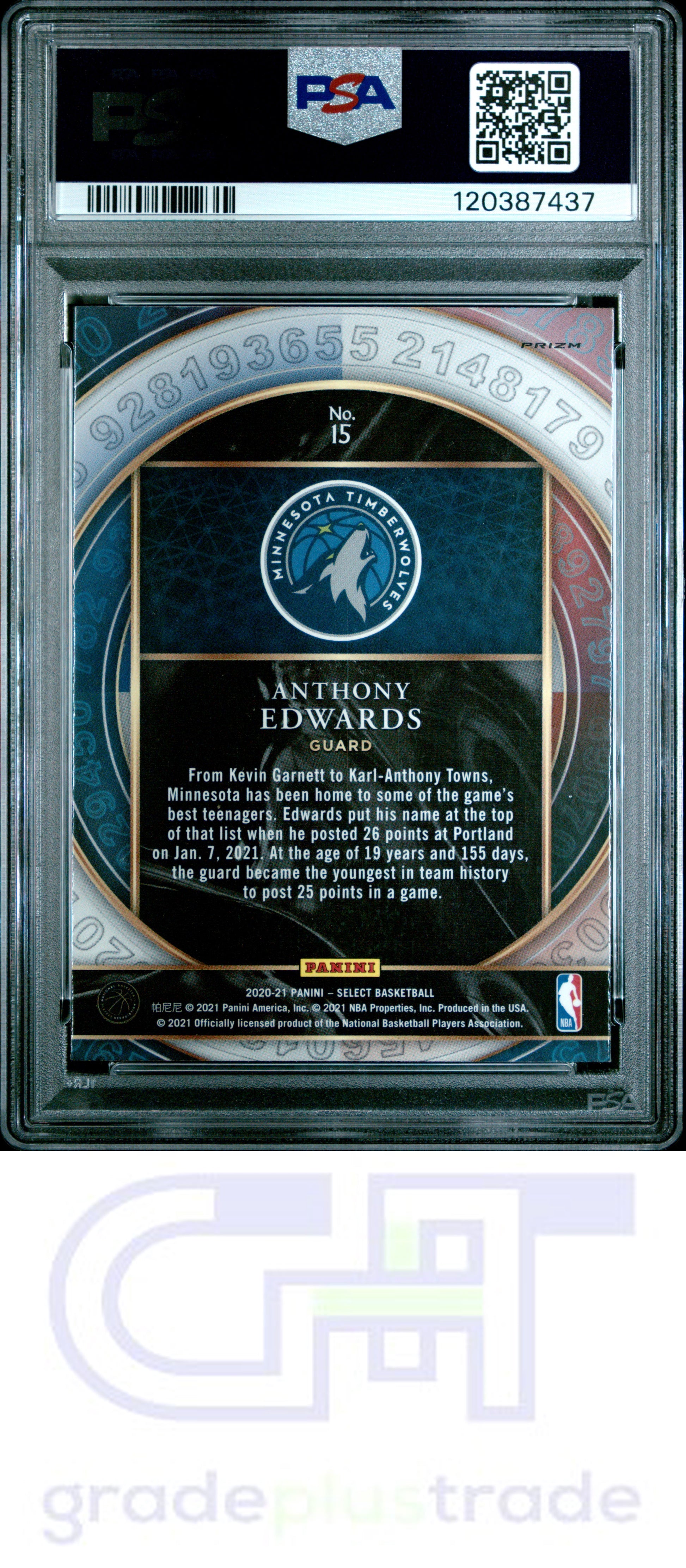 2020 Panini Select Select Numbers #15 Blue Anthony Edwards PSA 10