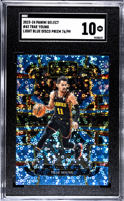 2023-24 Panini Select #43 Light Blue Disco Prizm /99 Trae Young SGC 10