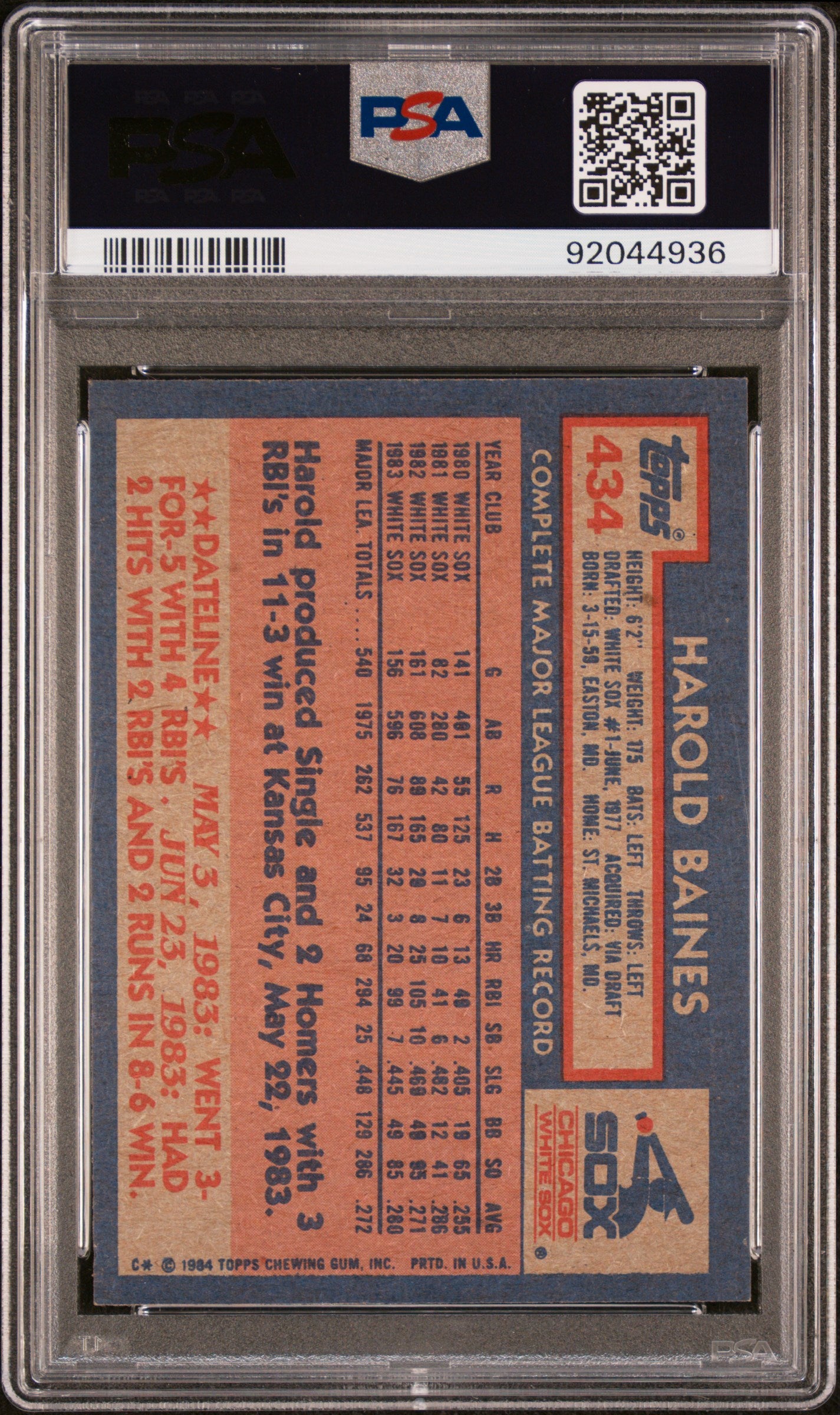1984 Topps #434 Harold Baines PSA Authentic