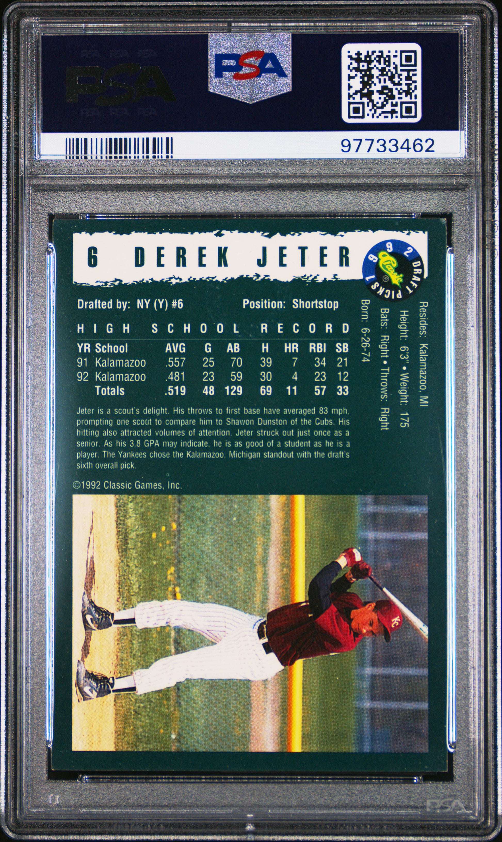 1992 Classic Draft Picks #6 Draft Picks Derek Jeter PSA 7