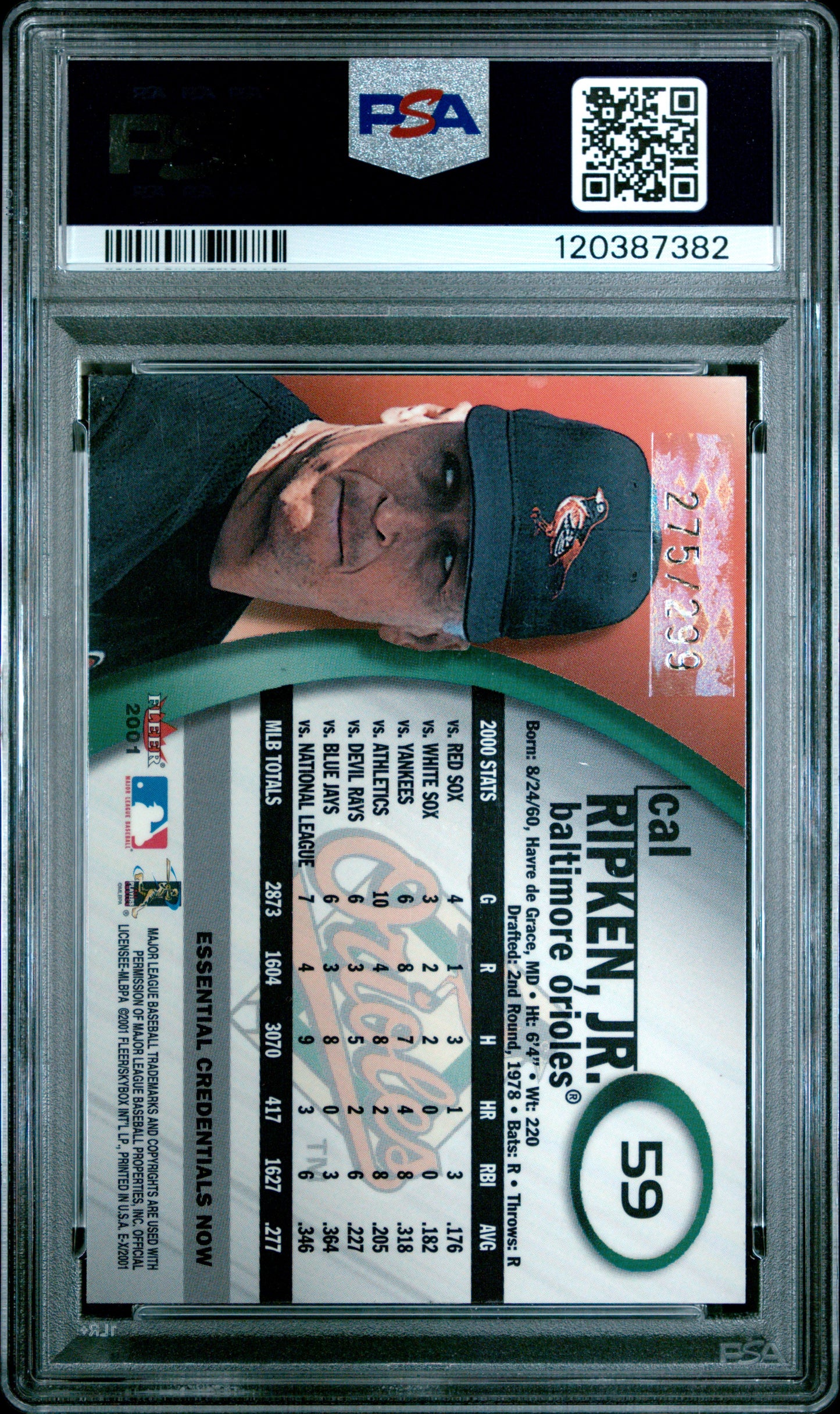 2001 Fleer E-X #59 Essential Cred. Now Cal Ripken Jr. /299 PSA 8