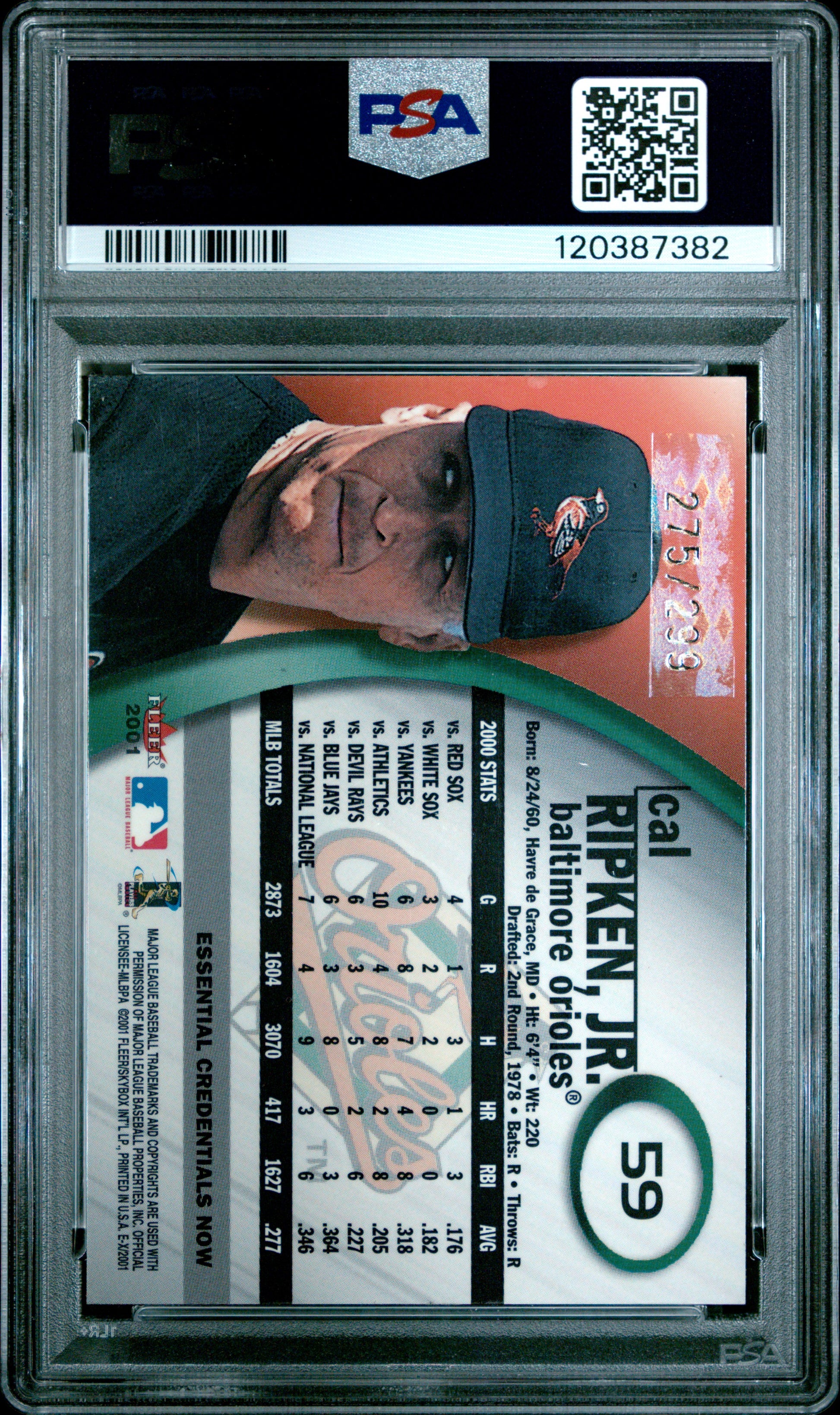 2001 Fleer E-X #59 Essential Cred. Now Cal Ripken Jr. /299 PSA 8