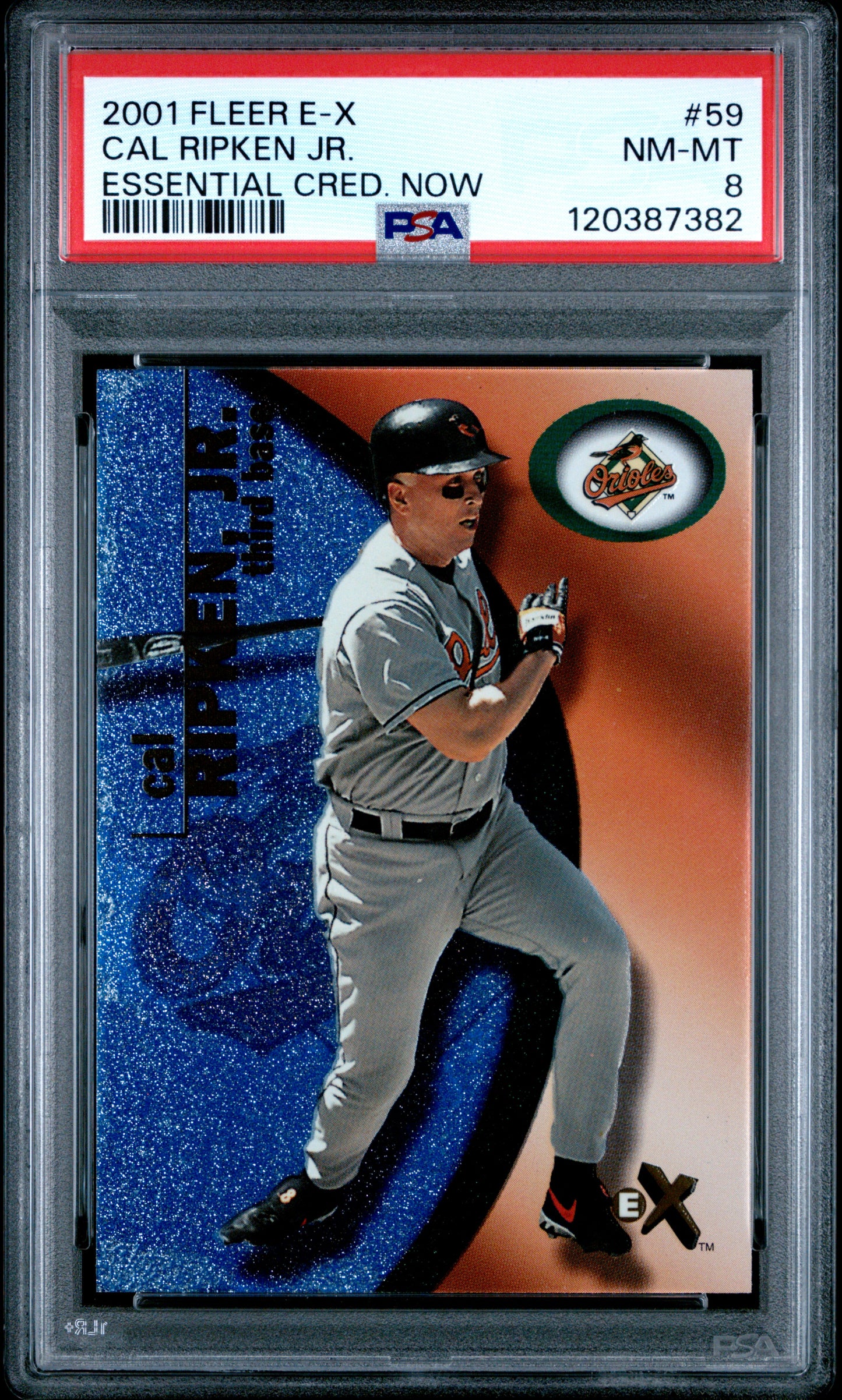 2001 Fleer E-X #59 Essential Cred. Now Cal Ripken Jr. /299 PSA 8