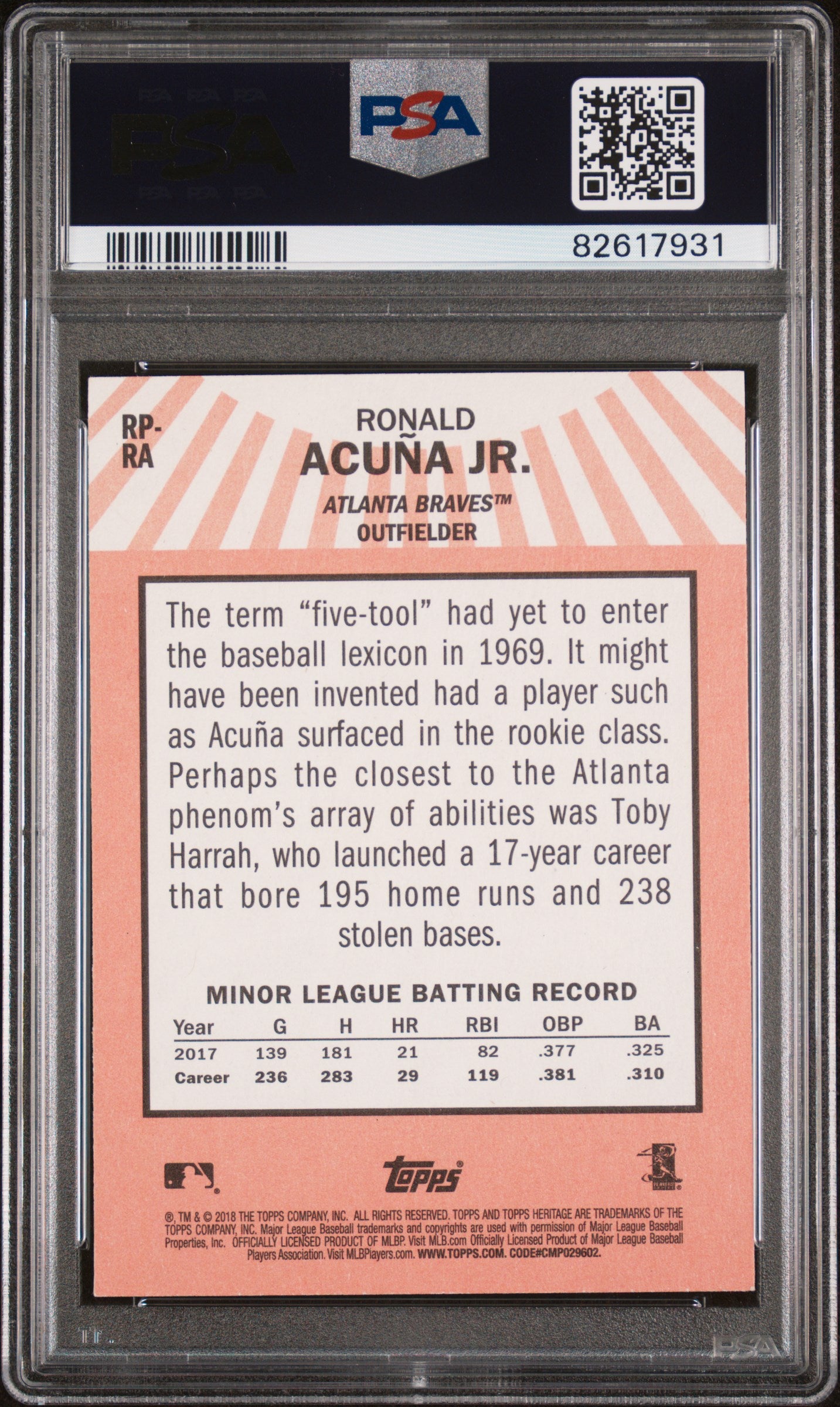 2018 Topps Heritage Rookie Performers #RP-RA Ronald Acuna Jr. PSA 8