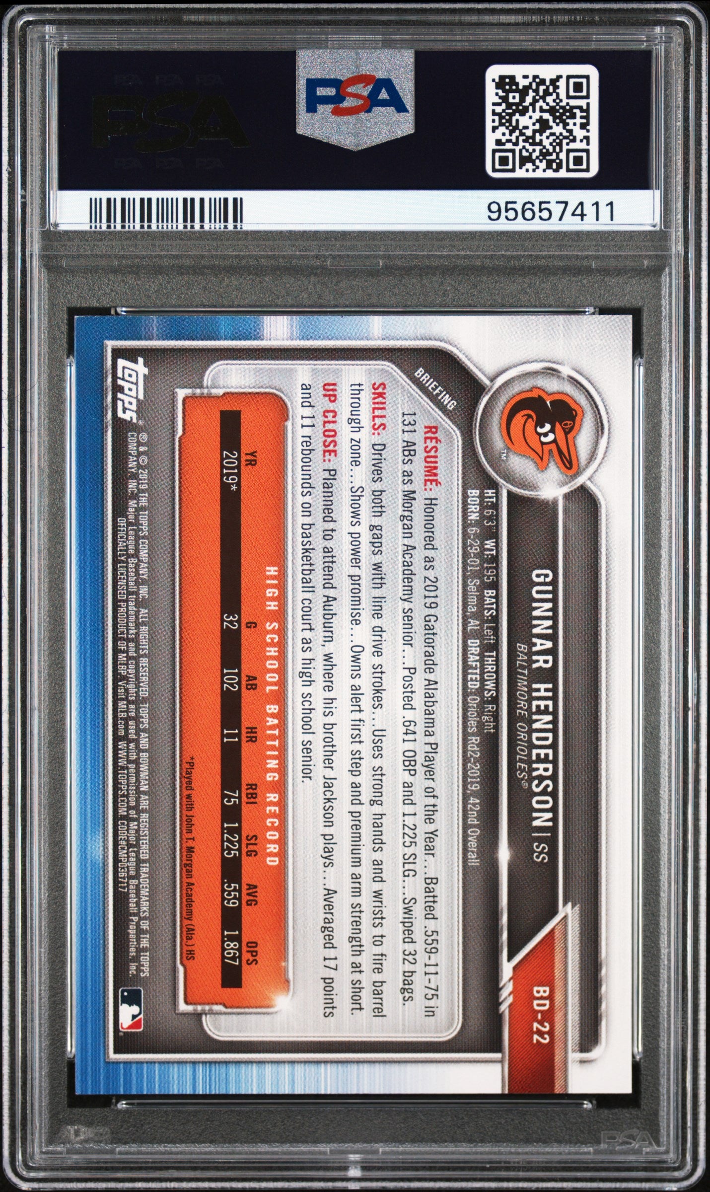 2019 Bowman Draft #BD22 Gunnar Henderson PSA 9