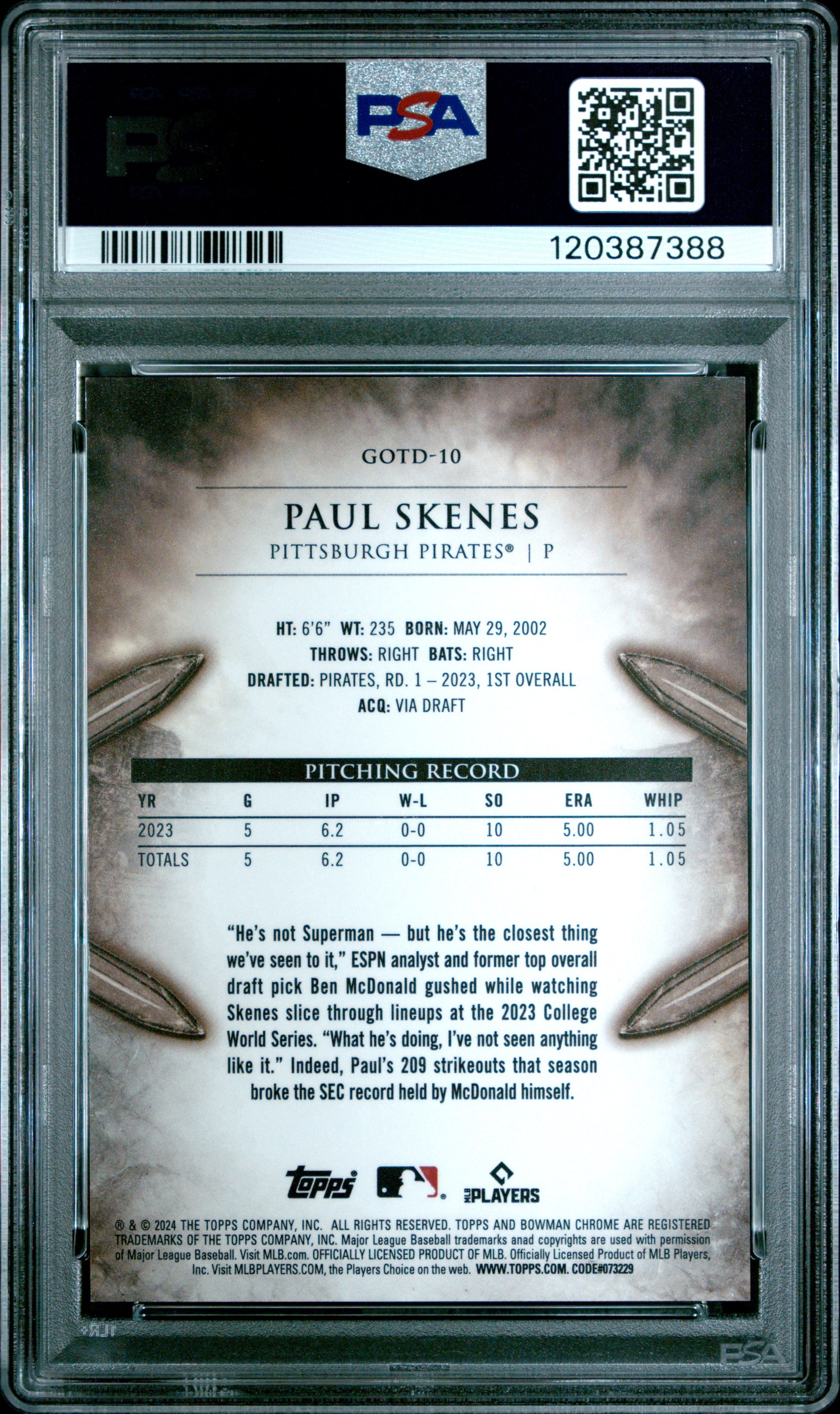 2024 Bowman Gladiators Of The Diamond #GOTD10 Paul Skenes PSA 9