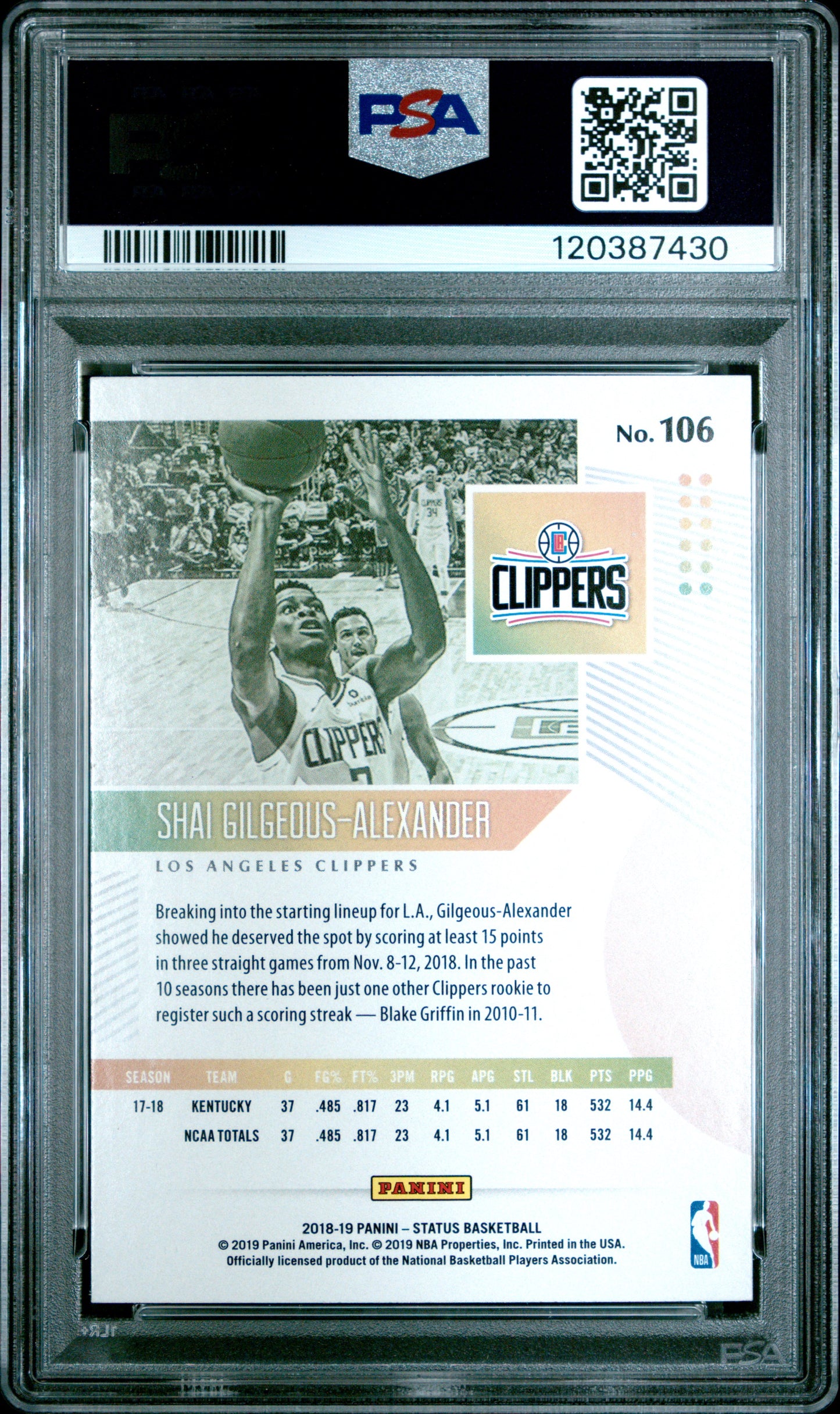 2018 Panini Status #106 Shai Gilgeous-Alexander RC PSA 10