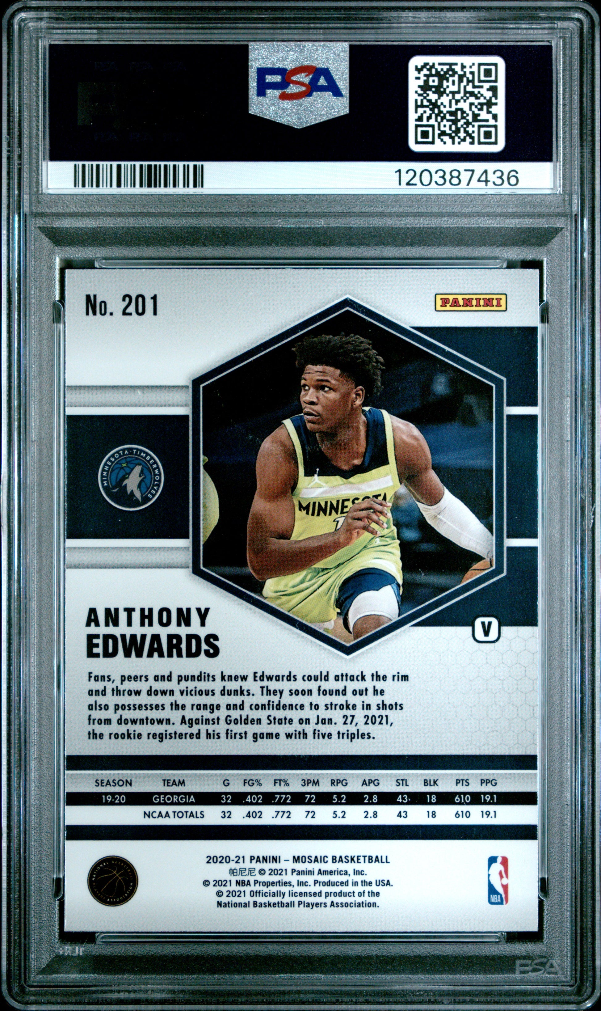 2020 Panini Mosaic #201 Variation Anthony Edwards RC PSA 10