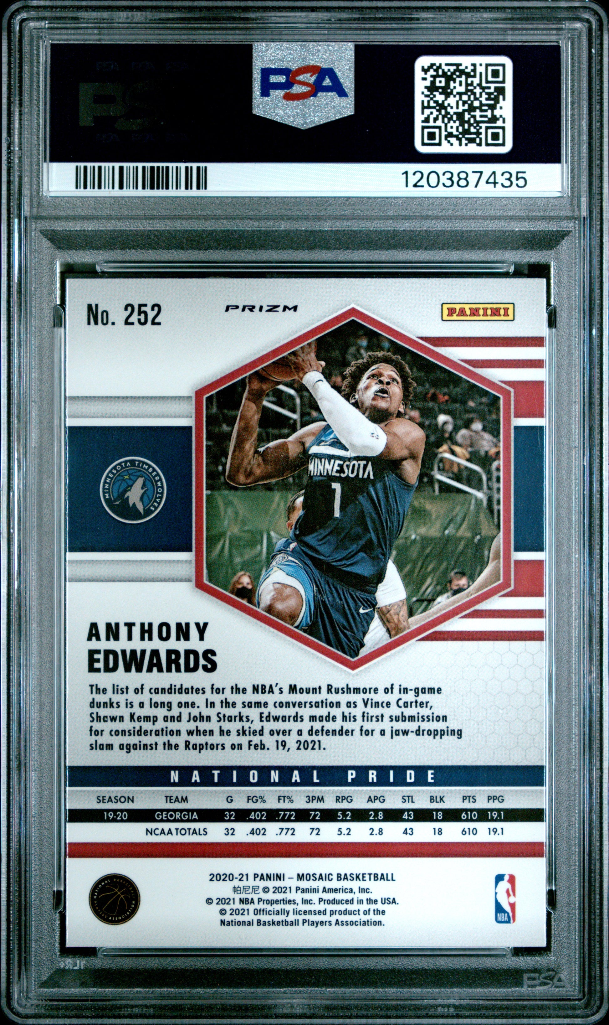 2020 Panini Mosaic #252 Reactive Orange Anthony Edwards RC PSA 10