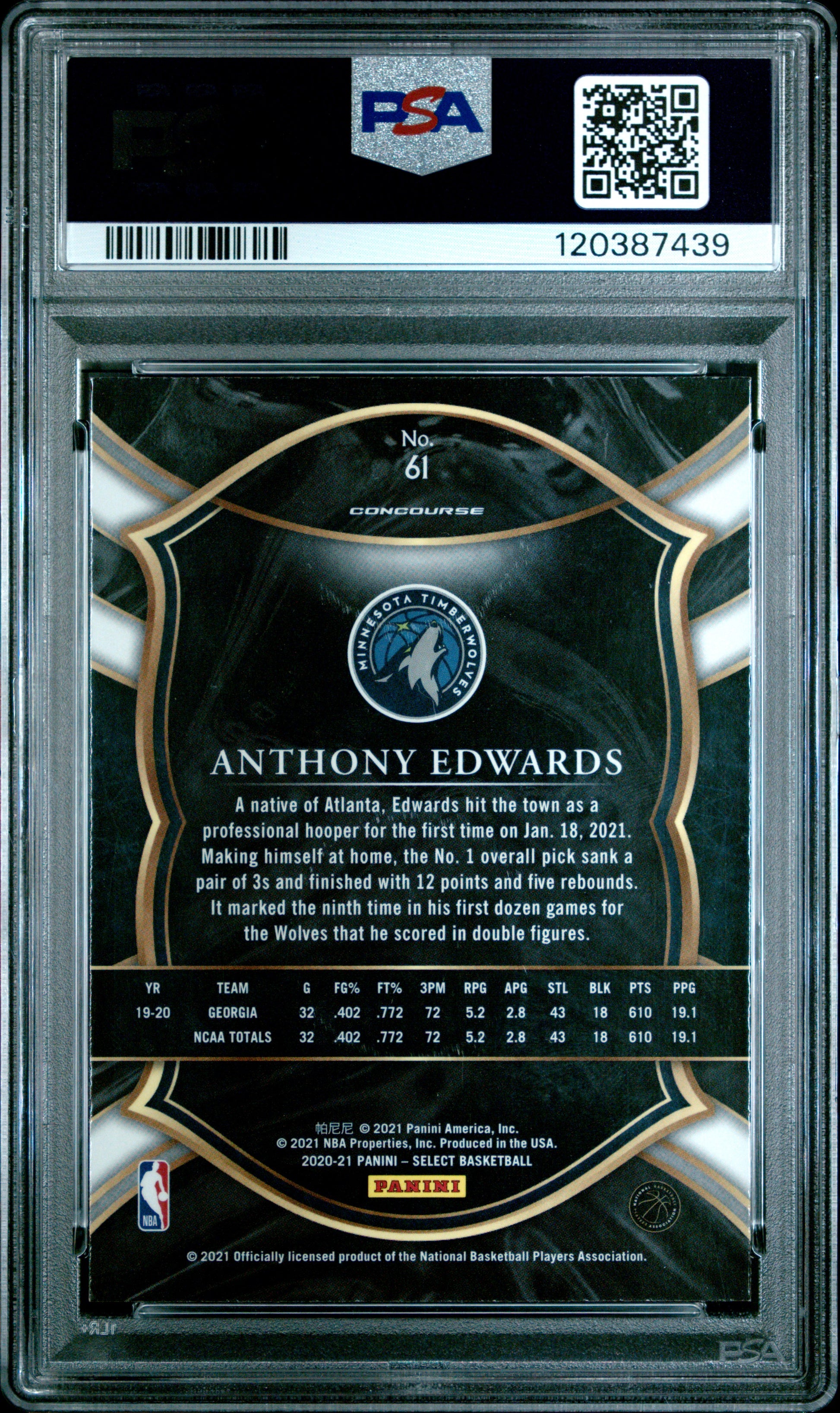2020 Panini Select #61 Blue Retail Anthony Edwards RC PSA 10