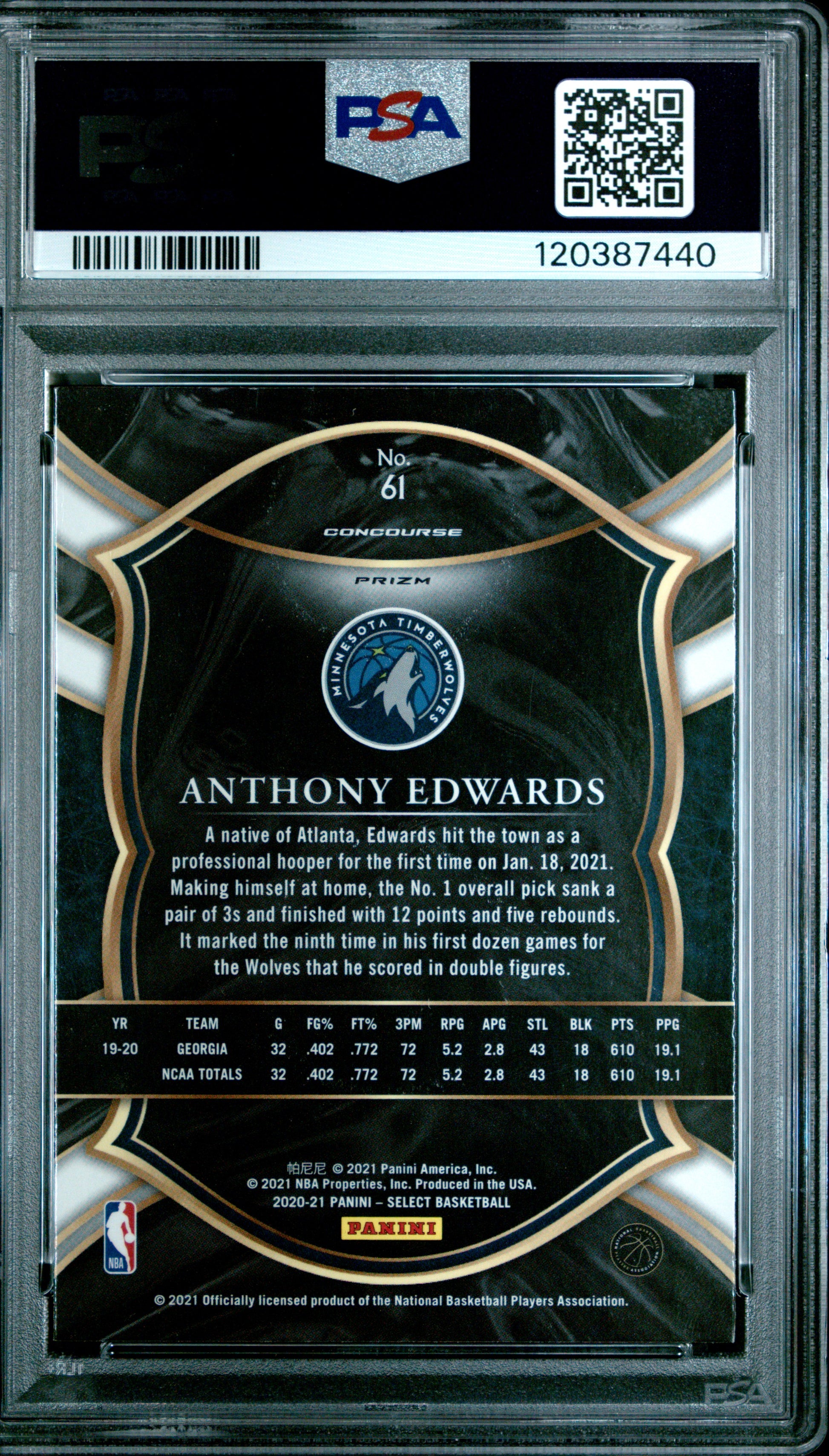 2020 Panini Select #61 Silver Prizm Anthony Edwards RC PSA 9