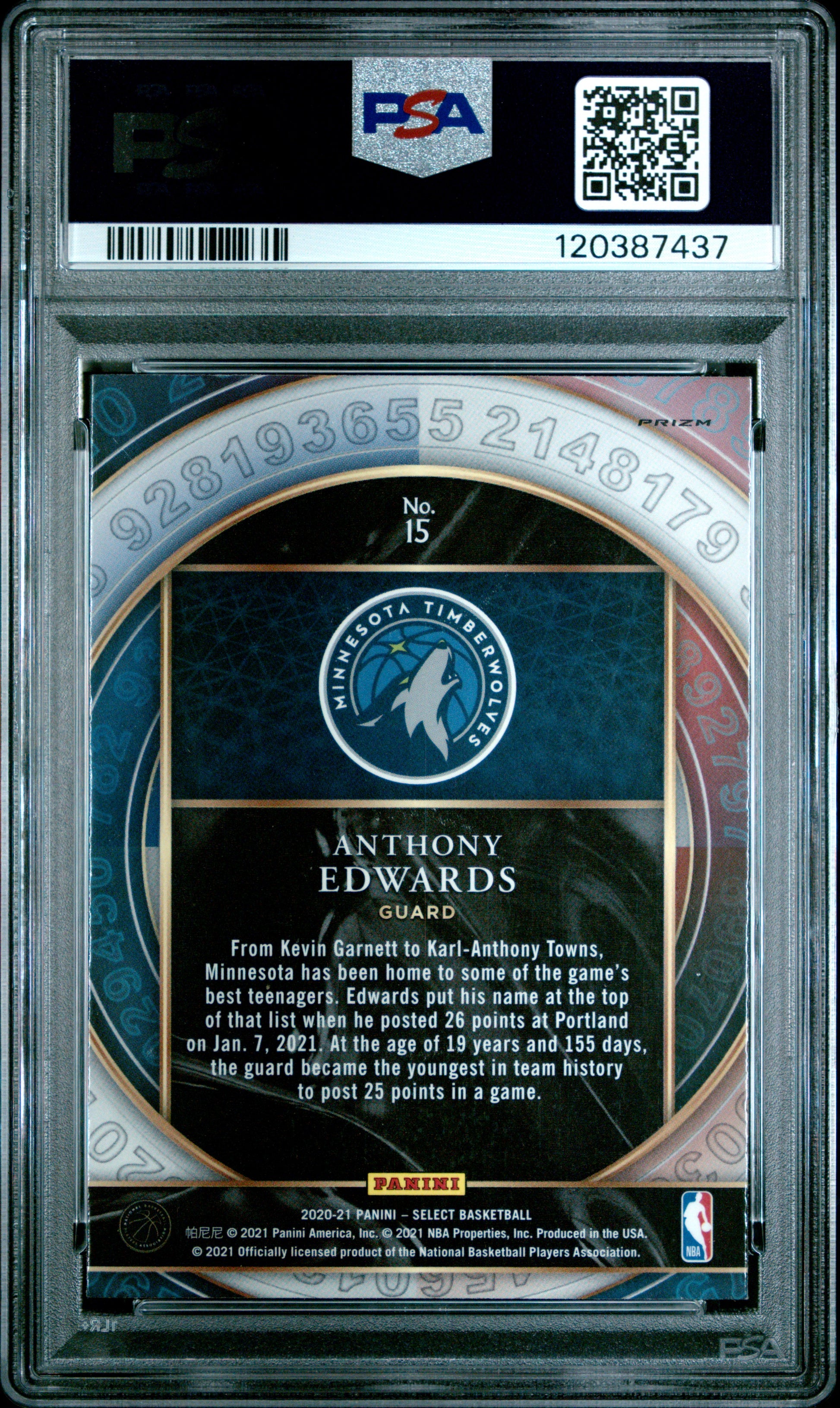 2020 Panini Select Select Numbers #15 Blue Anthony Edwards RC PSA 10