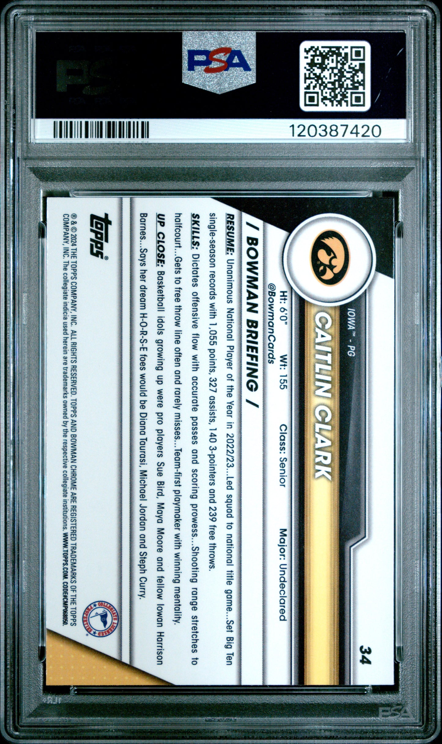2023 Bowman University Chrome #34 Caitlin Clark PSA 10
