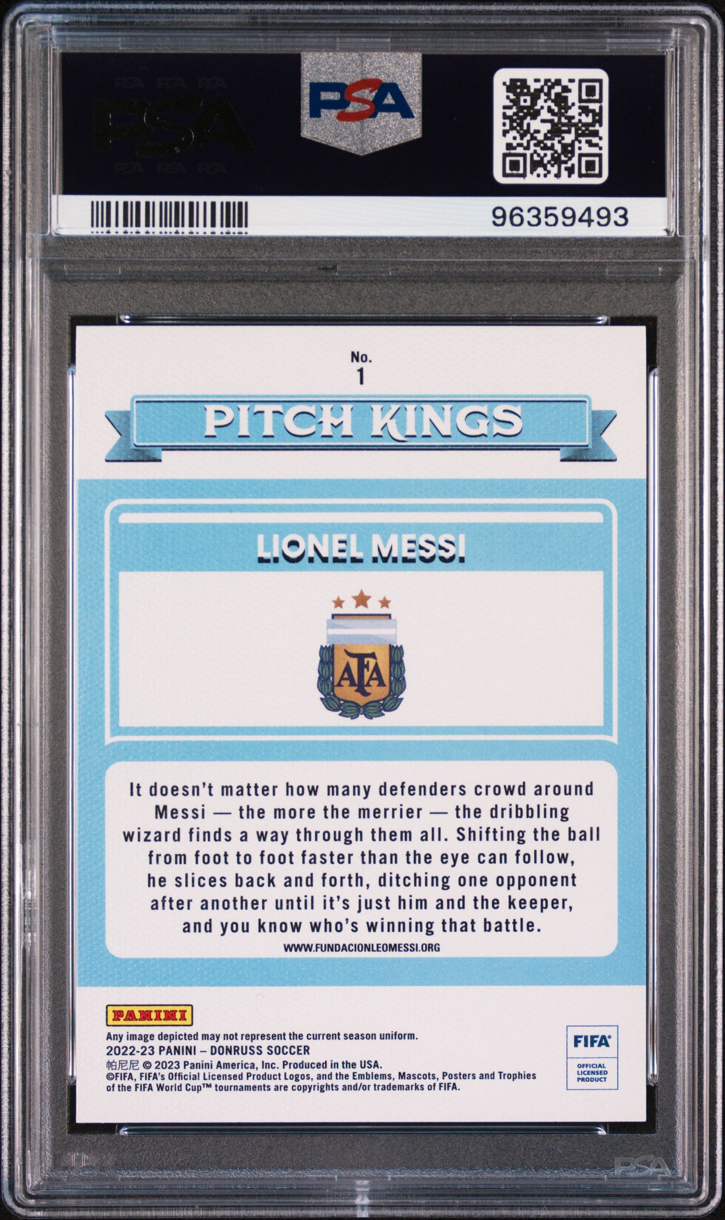 2022 Panini Donruss Fifa Pitch Kings #1 Pitch Kings Lionel Messi PSA 10