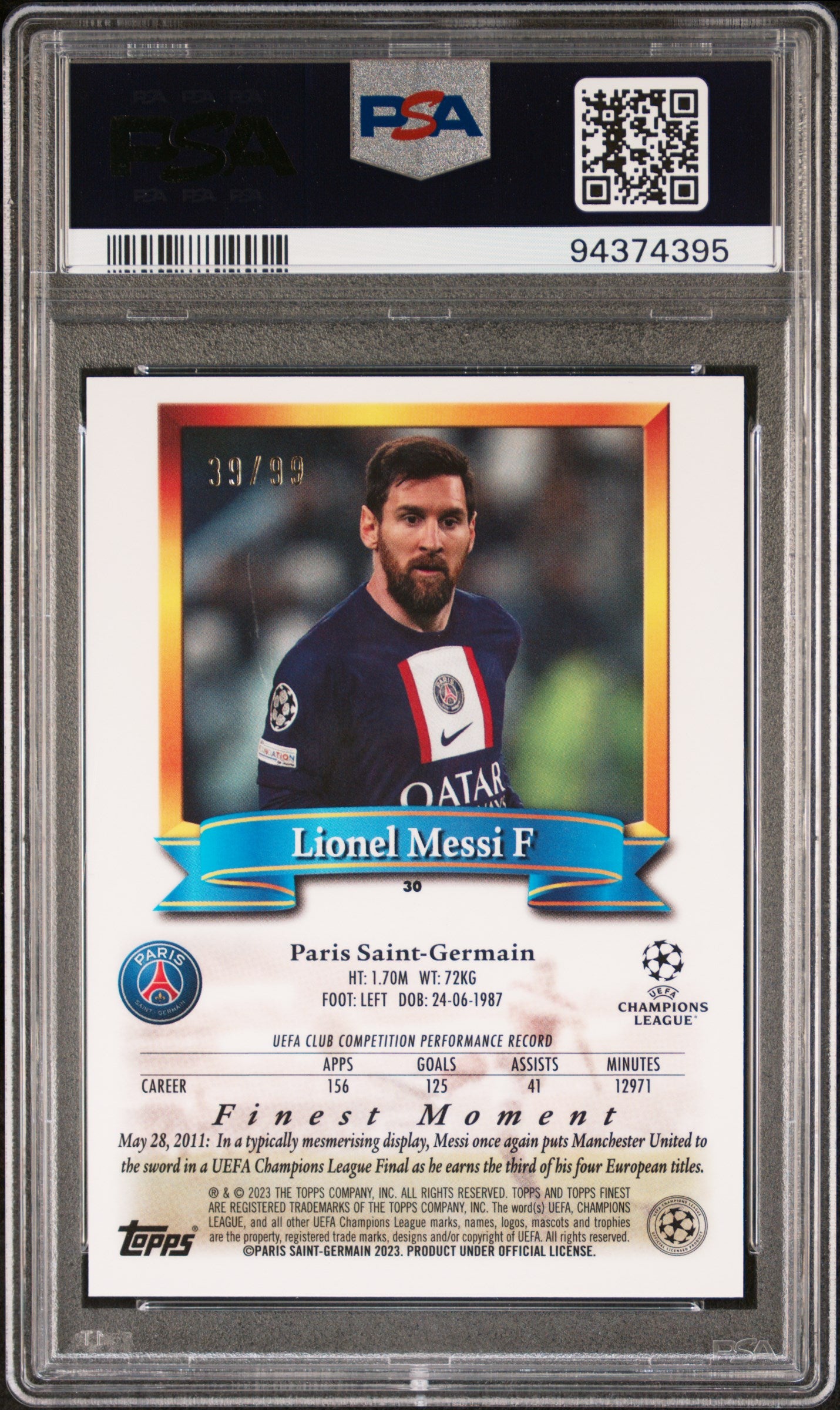 2022-23 Topps Finest Flashbacks Uefa #30 Blue Refractor Lionel Messi PSA 9