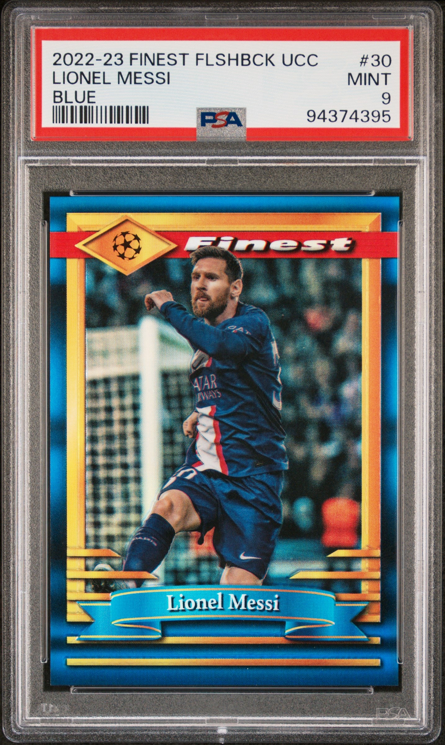 2022-23 Topps Finest Flashbacks Uefa #30 Blue Refractor Lionel Messi PSA 9