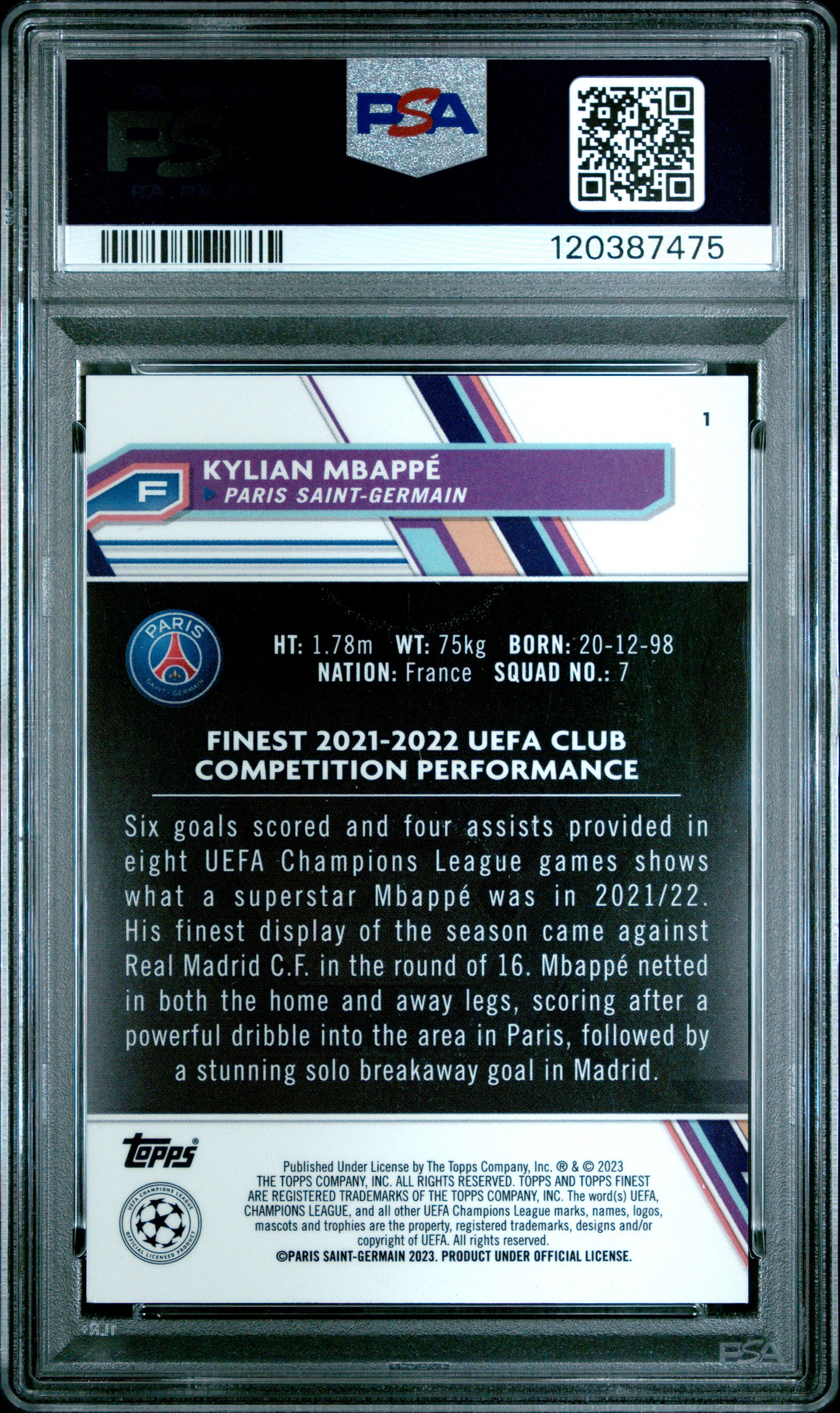 2022-23 Topps Finest Uefa #1 Blue Aqua Vaporwave Kylian Mbappe PSA 9