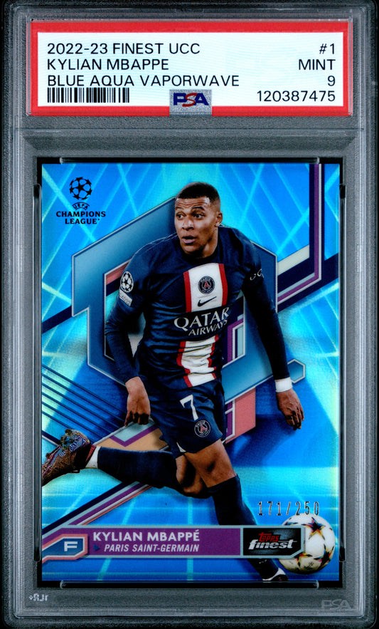 2022-23 Topps Finest Uefa #1 Blue Aqua Vaporwave Kylian Mbappe PSA 9