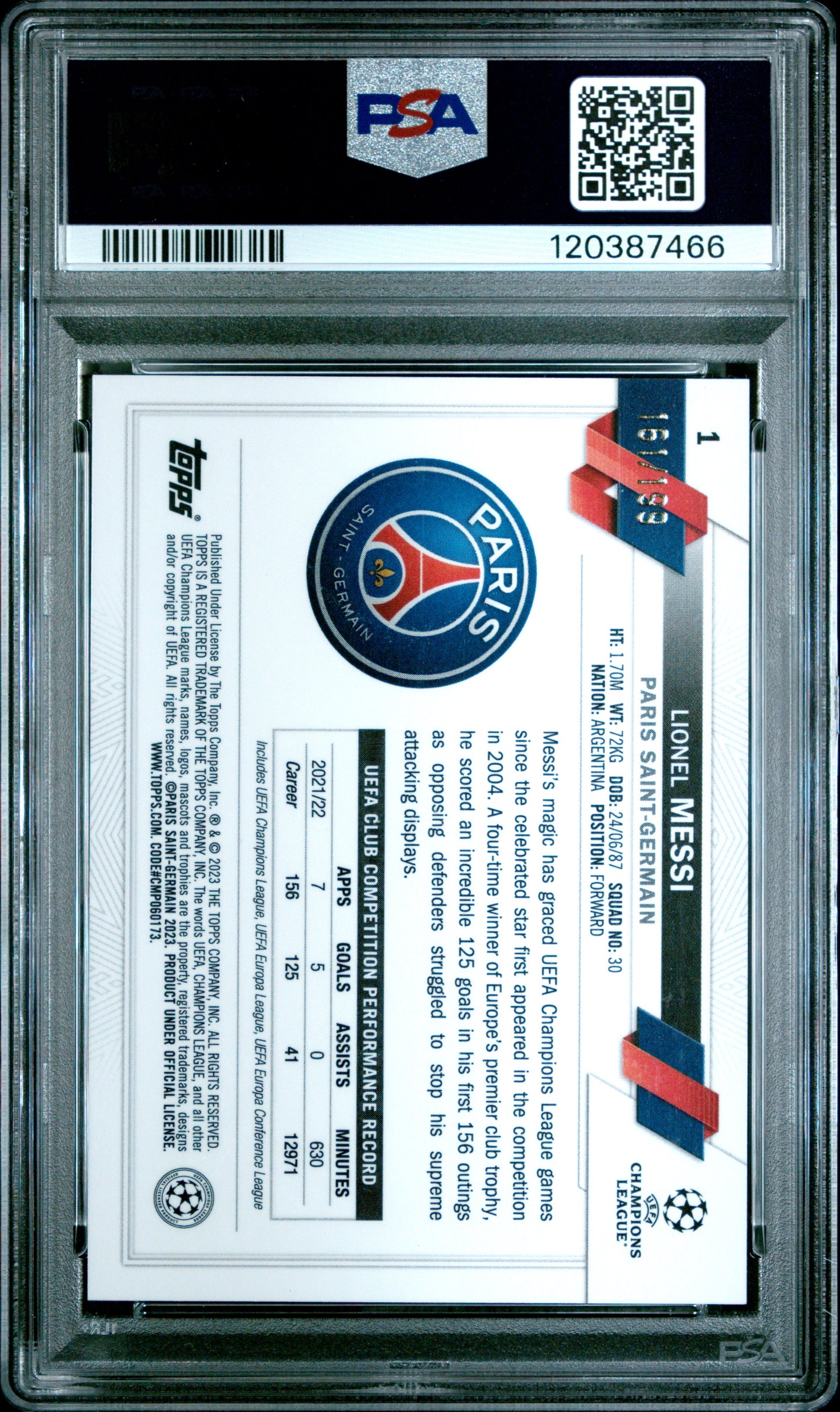 2022-23 Topps Chrome Uefa Club Competitions #1 Aqua Wave Lionel Messi PSA 10