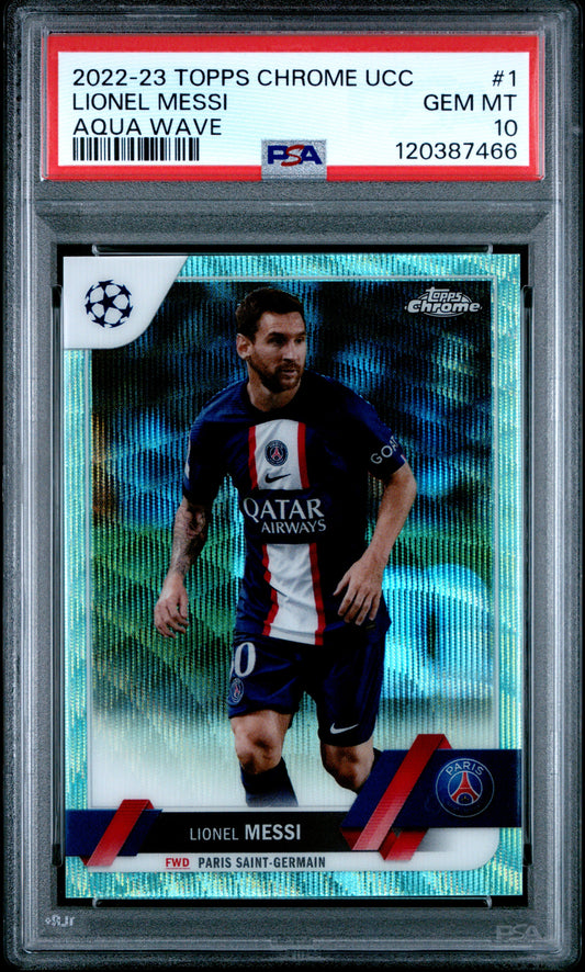 2022-23 Topps Chrome Uefa Club Competitions #1 Aqua Wave Lionel Messi PSA 10