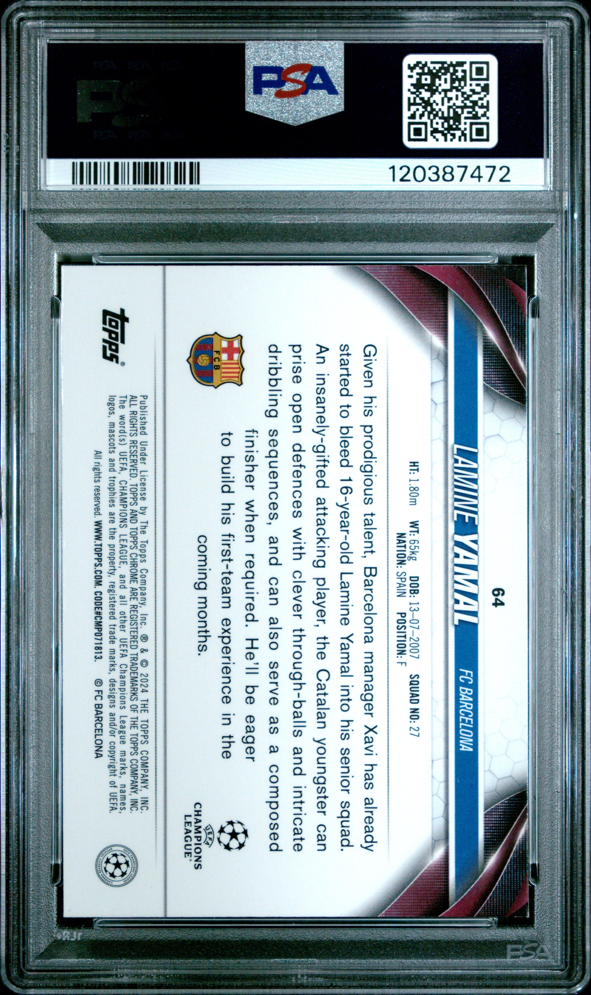 2023-24 Topps Chrome Uefa Club Competitions #64 Lamine Yamal RC PSA 9