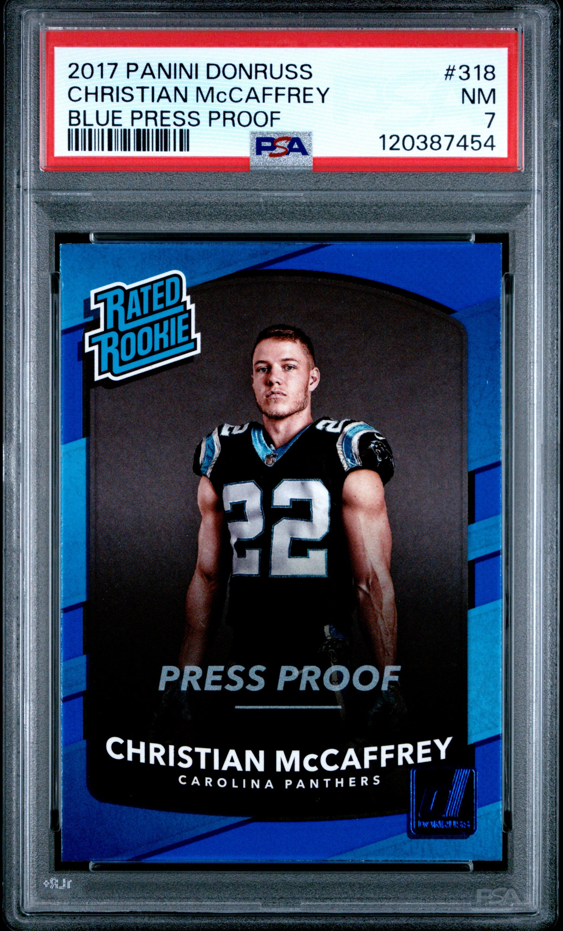2017 Panini Donruss #318 Blue Press Proof Christian Mccaffrey RC PSA 7