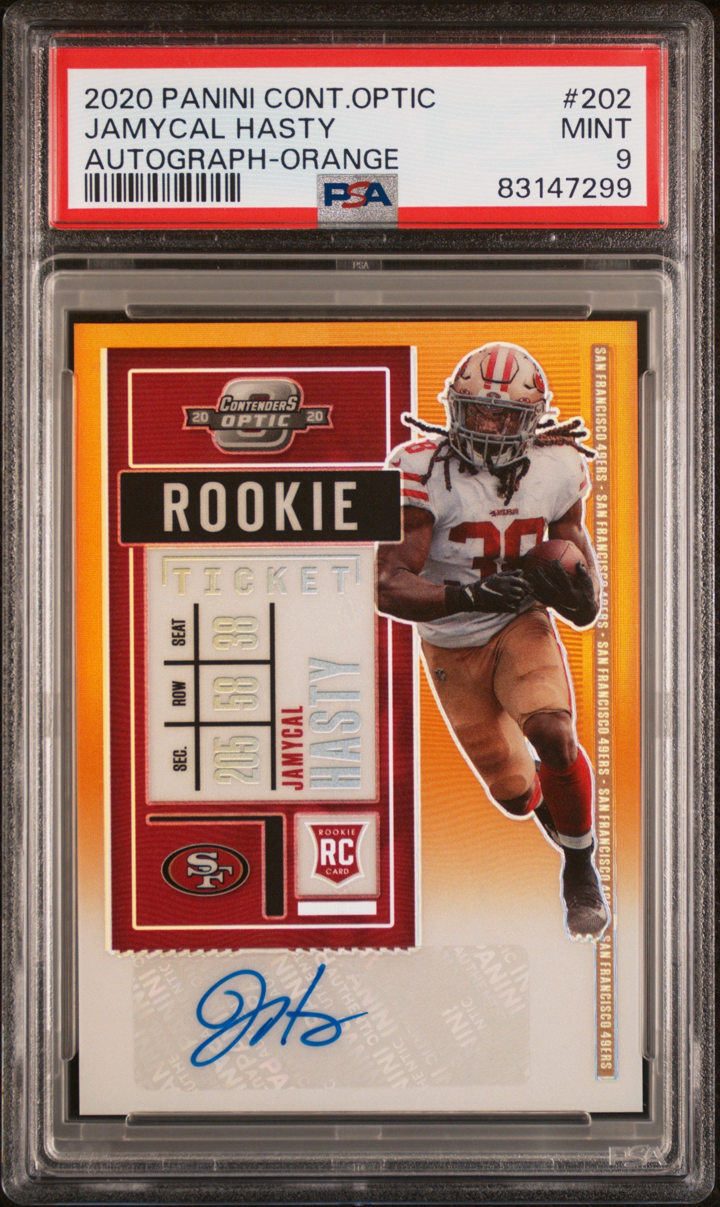 2020 Panini Contenders Optic #202 Autograph-Orange Jamycal Hasty /50 PSA 9