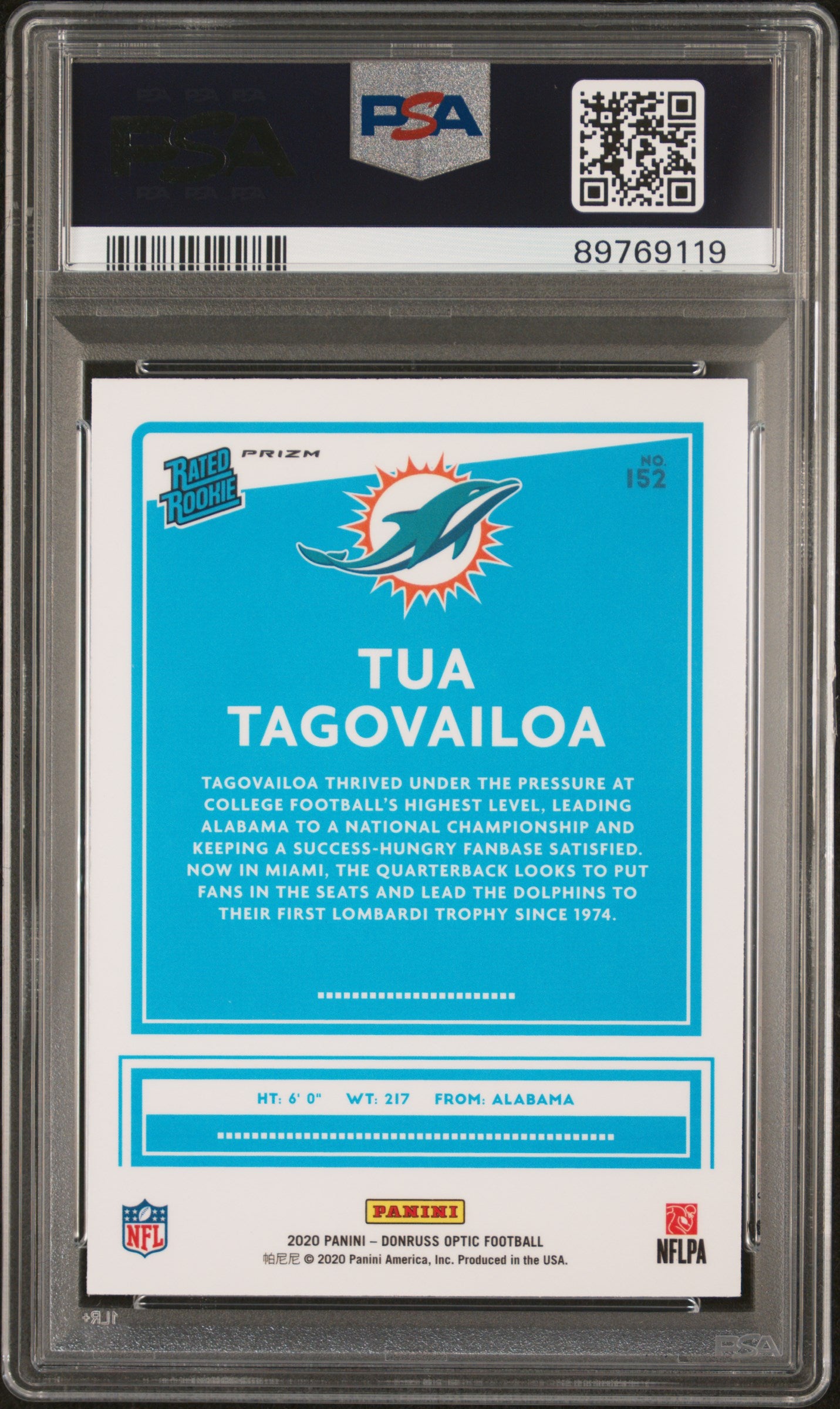 2020 Panini Donruss Optic #152 Holo Tua Tagovailoa RC PSA 9